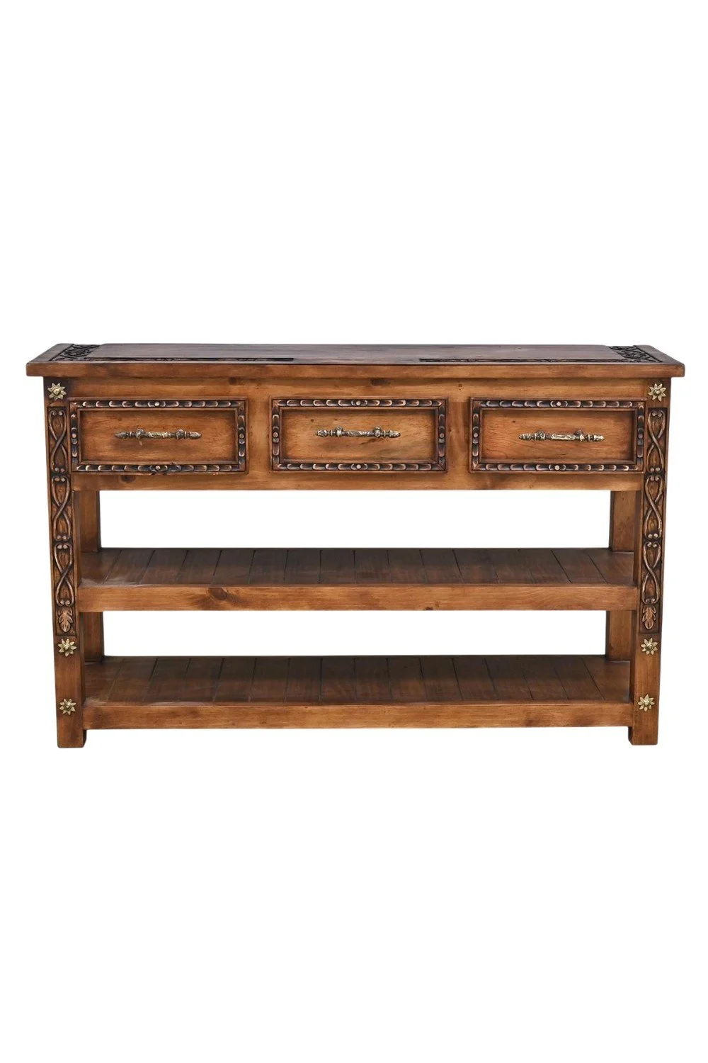 Shop the Sterling City Console Table handmade in Mexico. Hand-carved rustic console with drawers, shelves, and iron hardware for Western interiors.