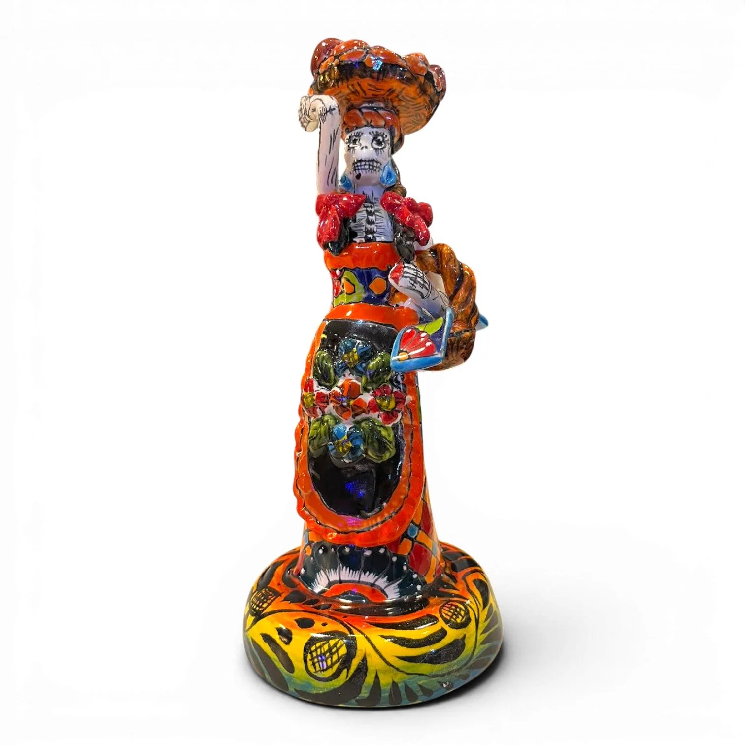 Handmade Mexican Catrina folk art figure with fruit basket, colorful dress and apron