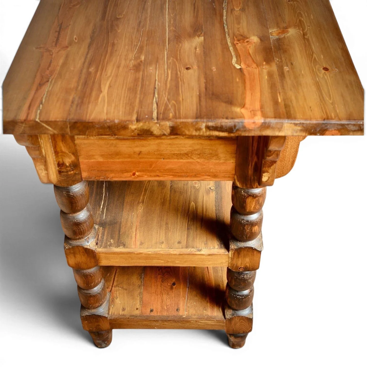 Handmade Mexican reclaimed wood kitchen island with turned legs and hacienda design