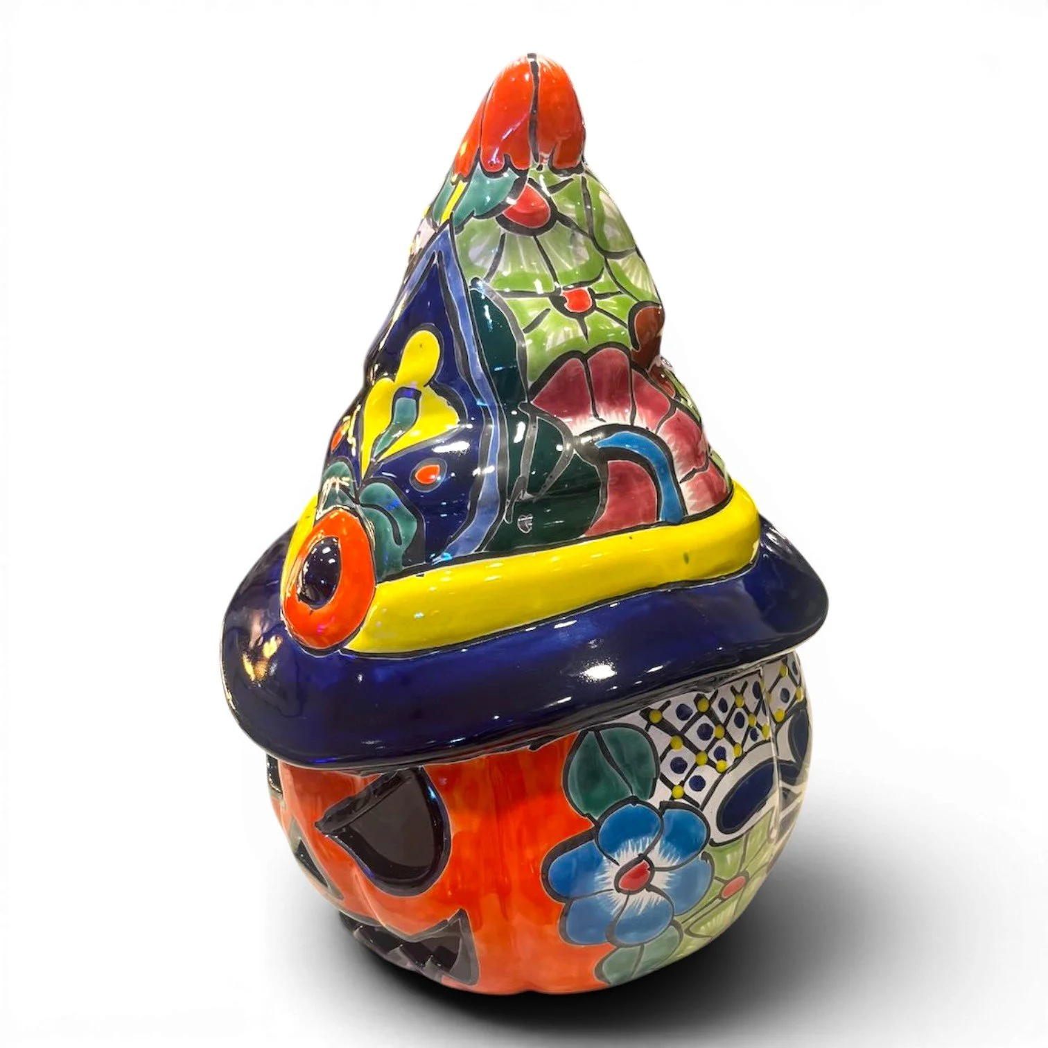 Handmade Mexican Talavera jack-o’-lantern with witch hat and hand-painted Halloween design