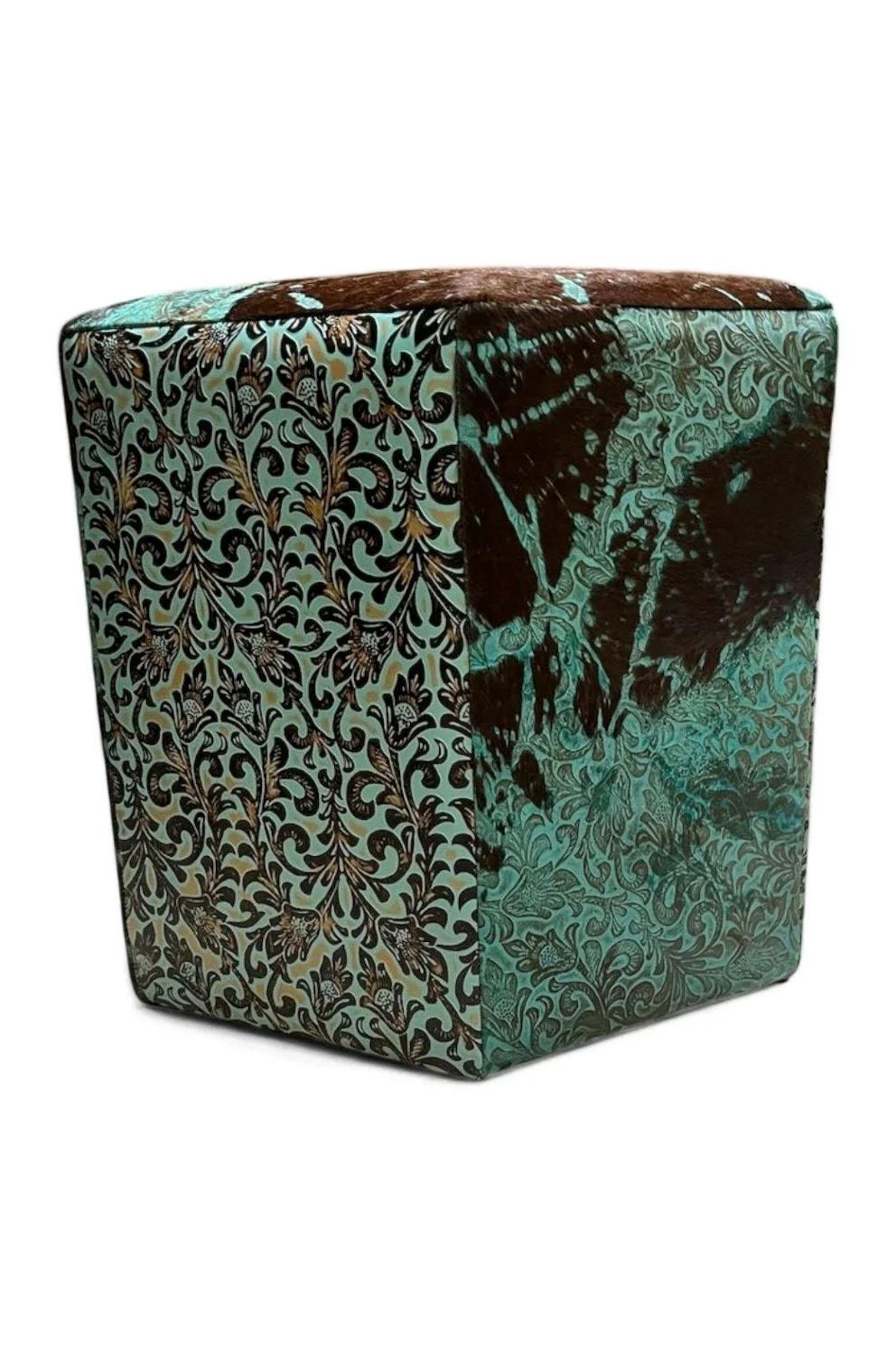 Turquoise Cowhide & Tooled Hexagon Ottoman