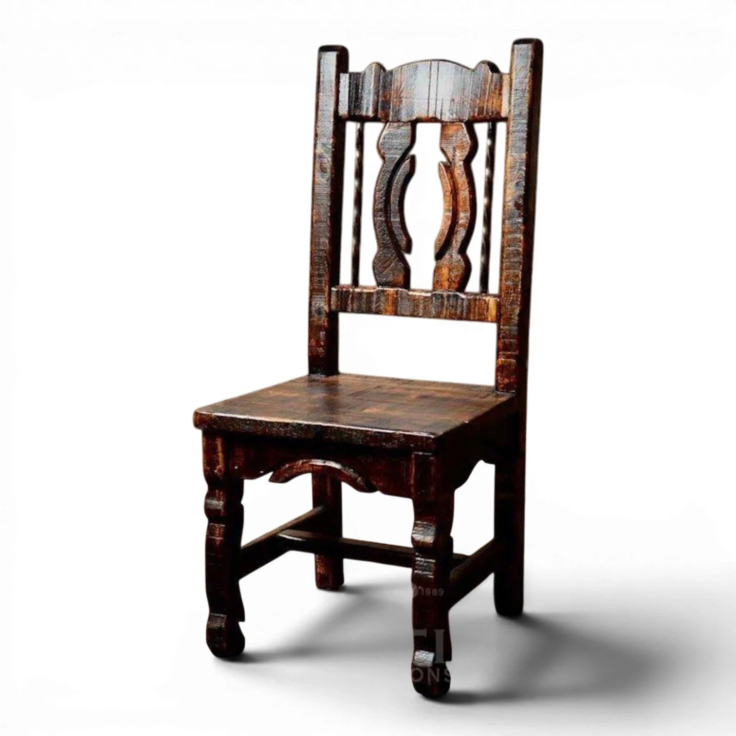 San Juanito handcrafted Mexican reclaimed wood dining chair with Western yoke-style back and twisted iron accents