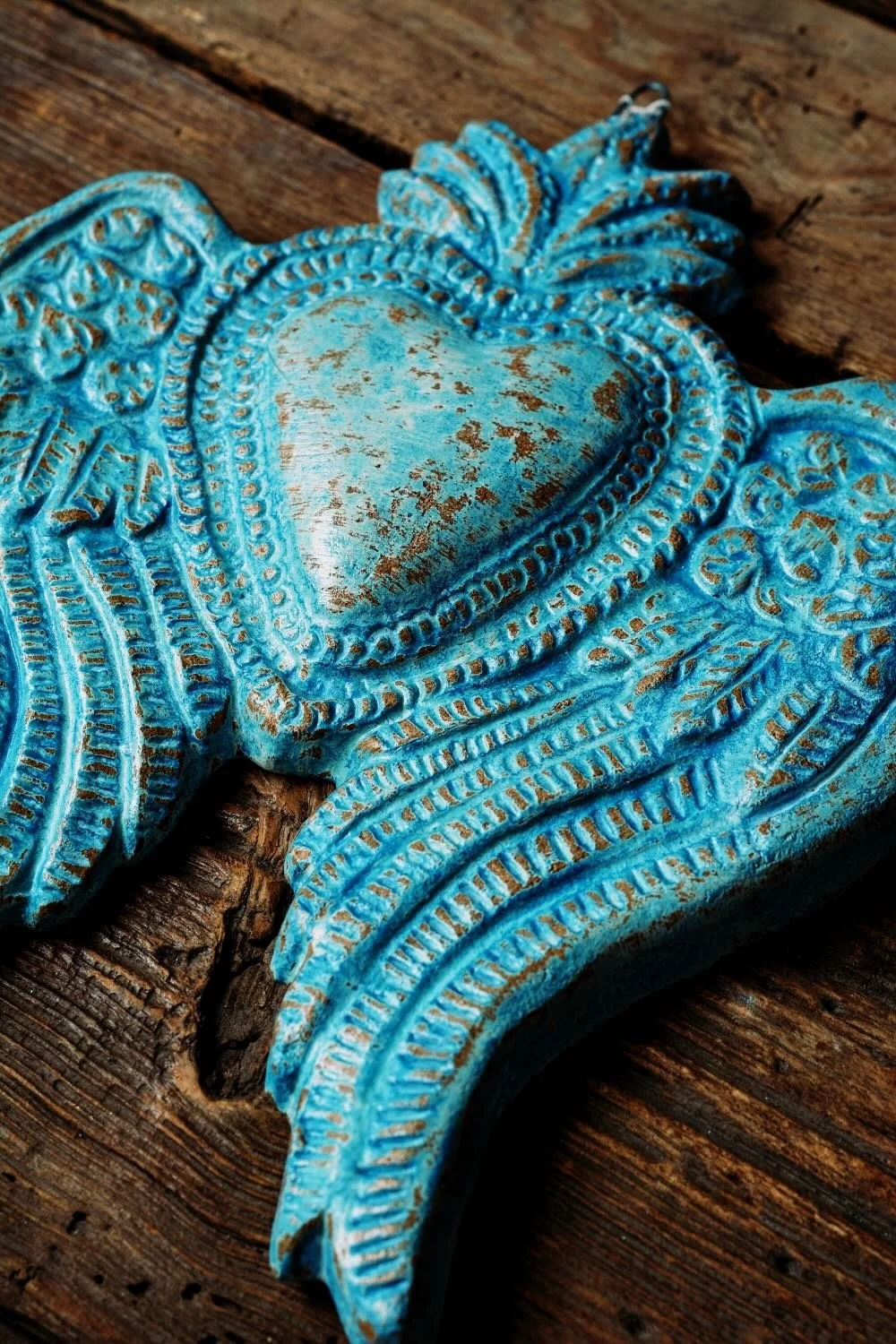 Blue Clay Heart with Wings – Handmade Mexican Wall Art