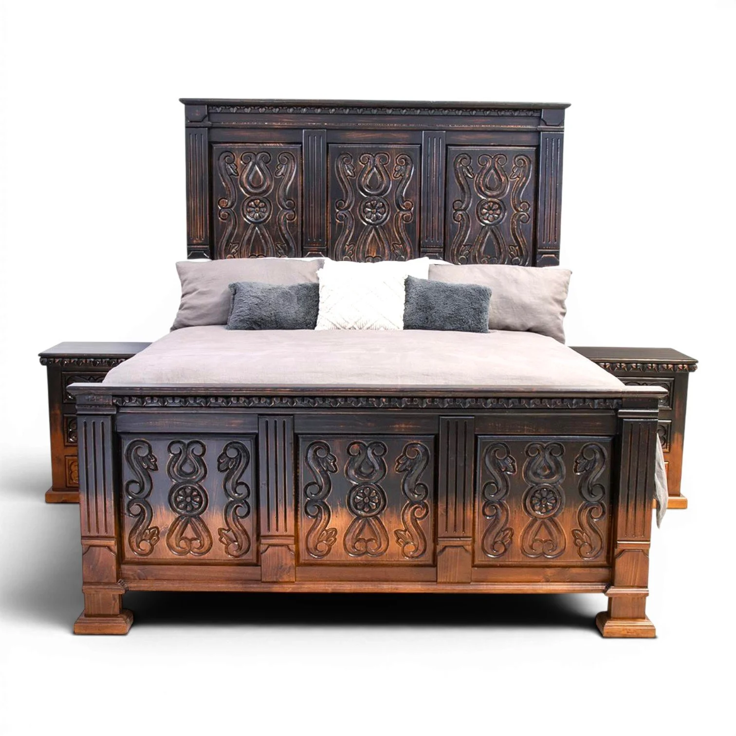 Handmade Oaxaca Ombre carved bed with detailed wood carving and ombre painted finish crafted in Mexico.