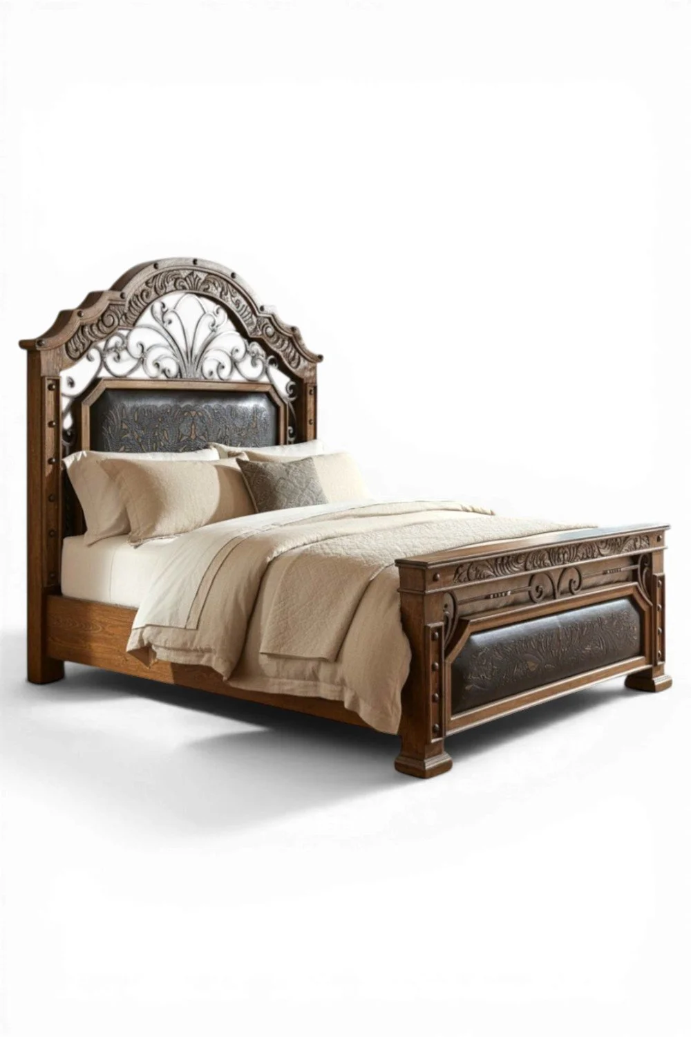 Shop a handmade tooled leather and iron bed from Mexico. Rustic hacienda-style bed with carved wood, clavos accents, and artisan detail.