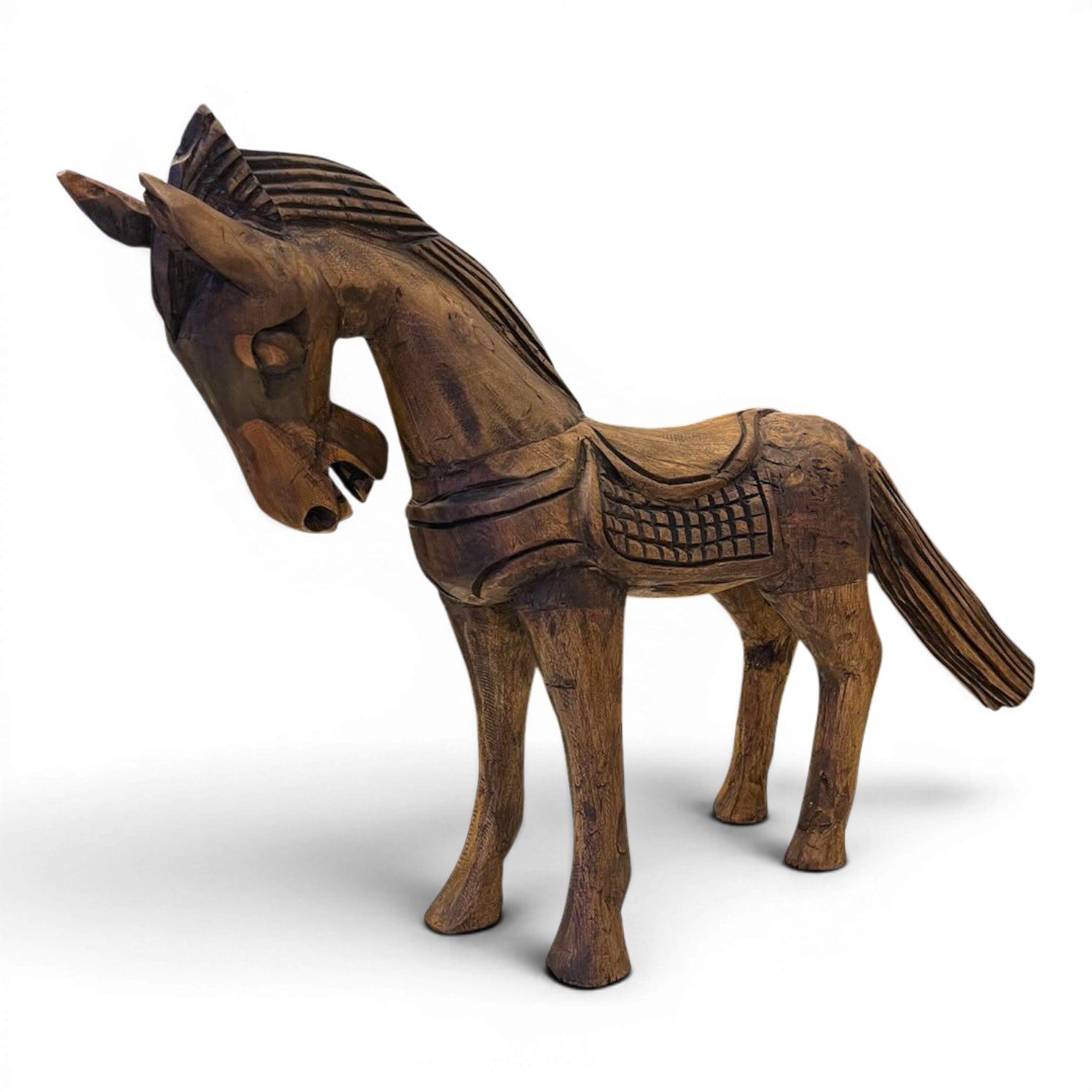 Handmade Mexican hand-carved wood horse sculpture featuring a rich dark finish and classic standing pose, perfect for rustic and Western décor.