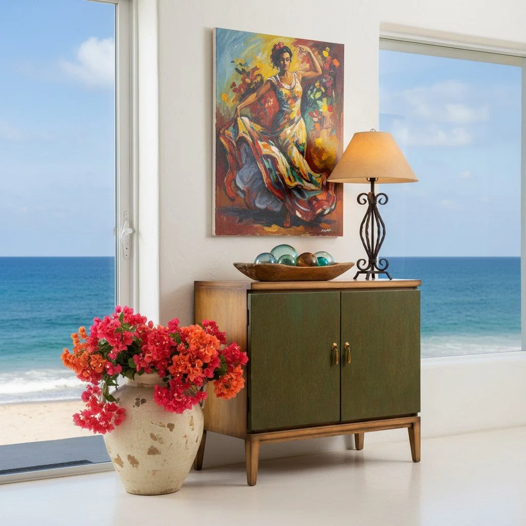 Handmade Peruvian Renata Buffet Chest with green textured leather doors and gold-toned handles
