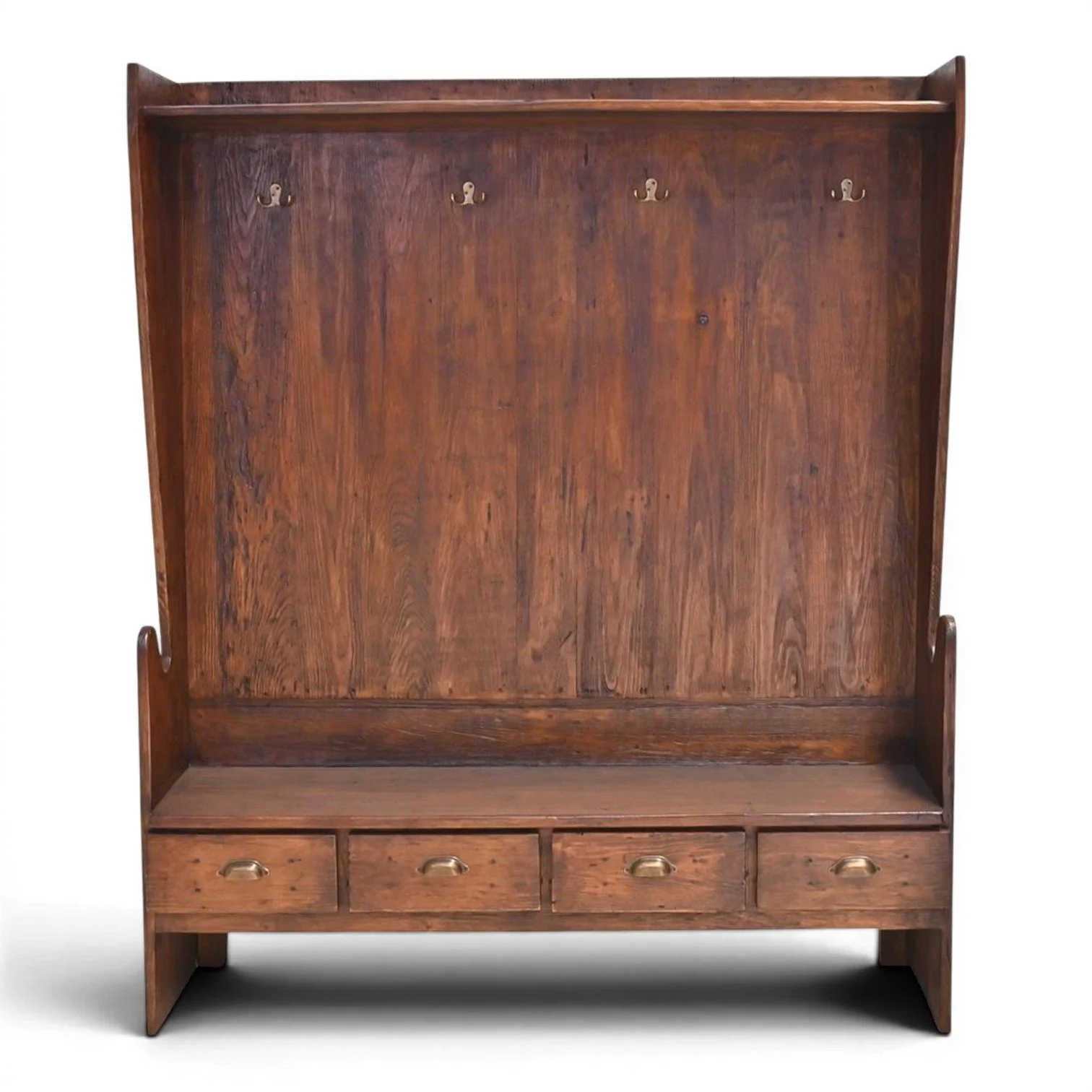 Handmade Old West hall tree with rich dark wood finish, built-in bench, four storage drawers, and decorative iron hardware.