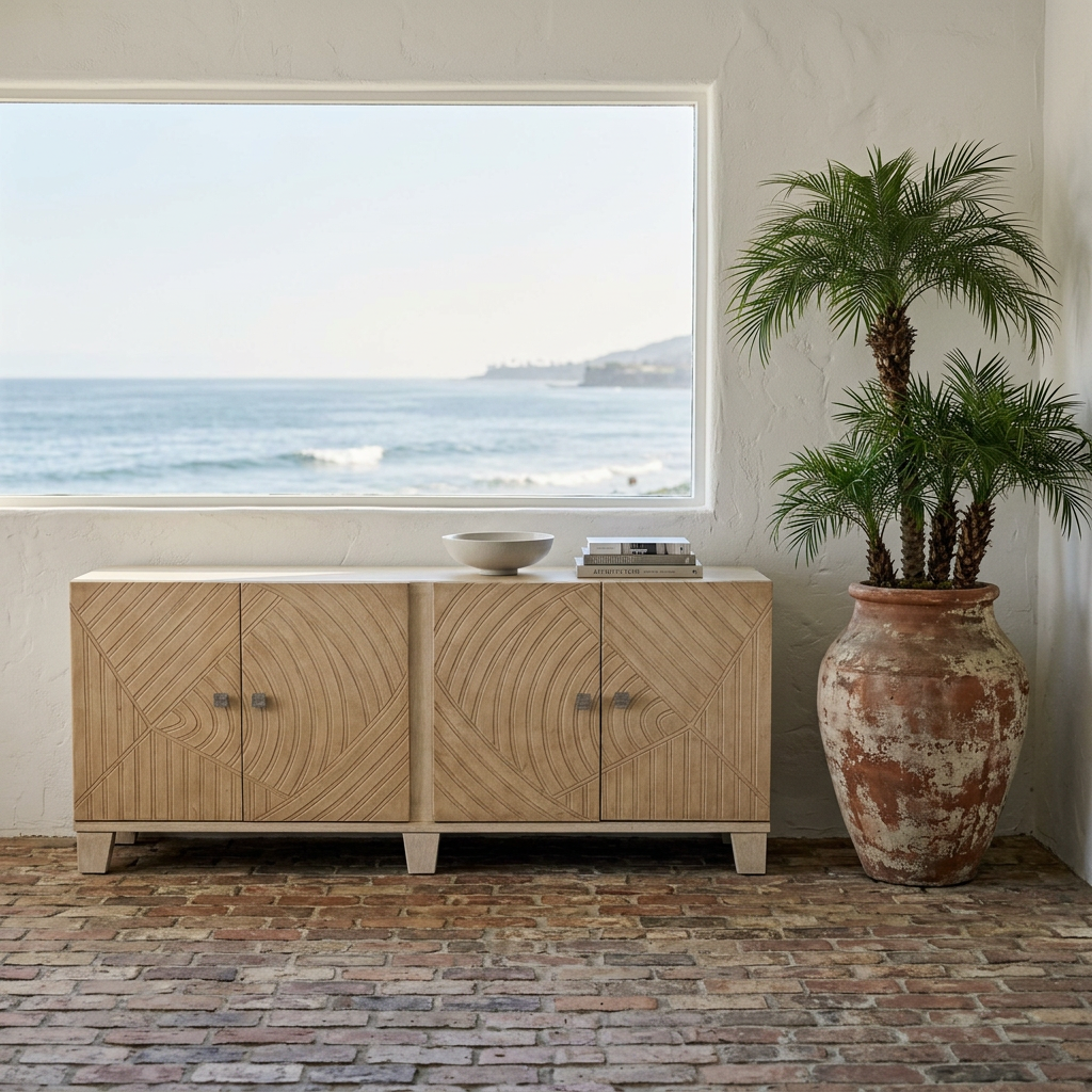 Handmade wood buffet with cream leather doors and carved geometric pattern