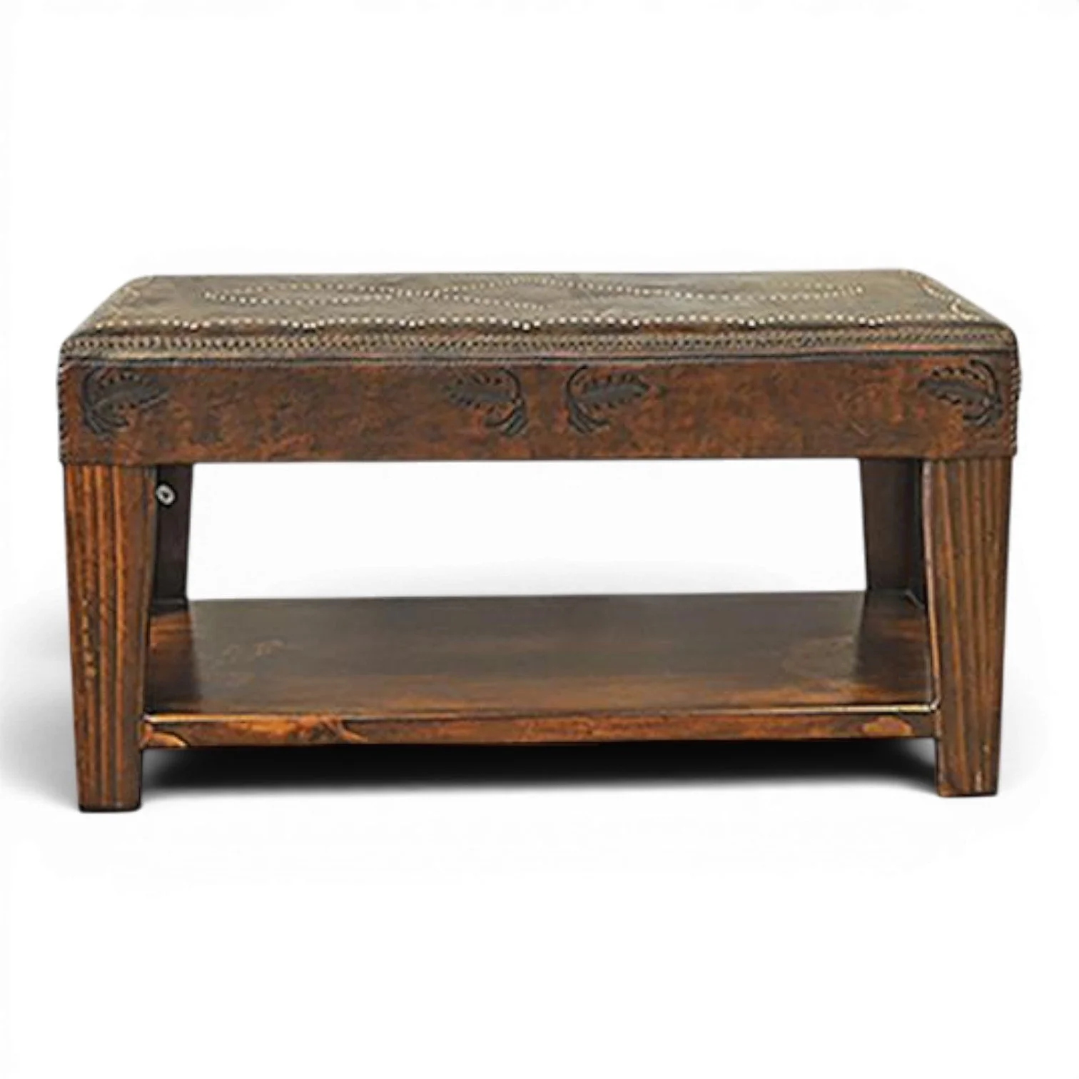 Handmade Mexican stitched leather bench with solid wood frame
