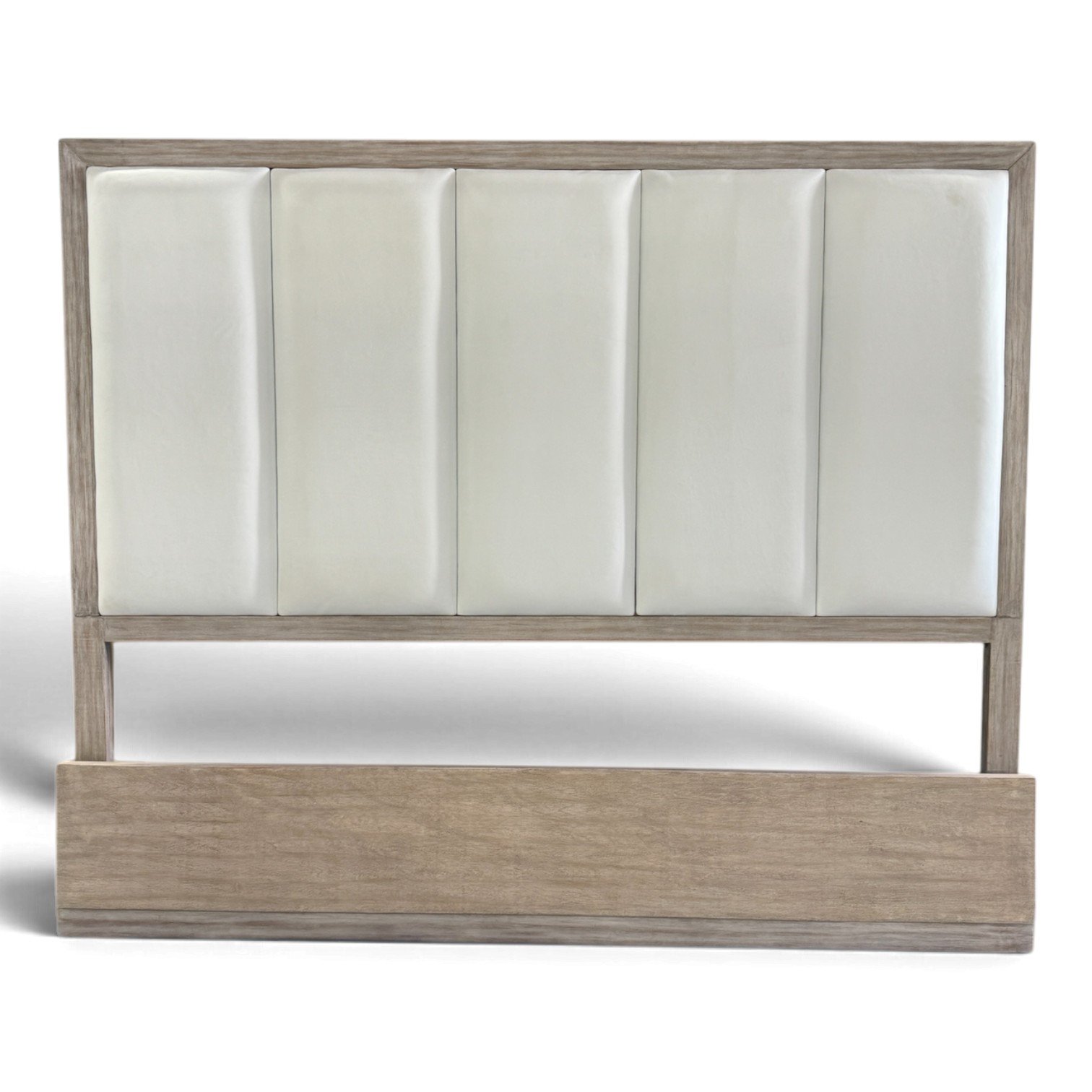 Modern platform bed with vertical leather panel headboard and light gray wood frame