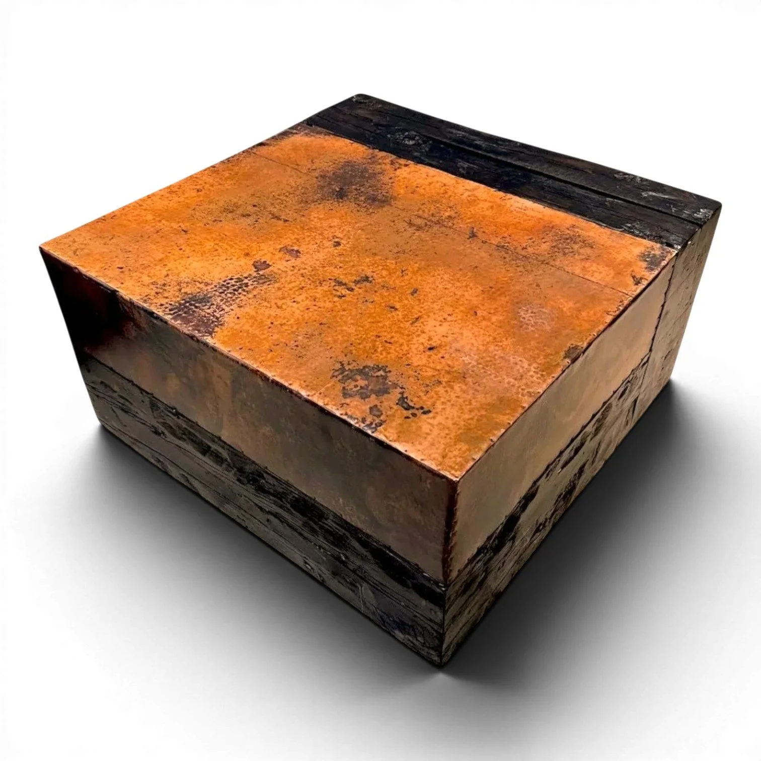 Handmade Mexican coffee table with hand-pounded copper top and black wood base