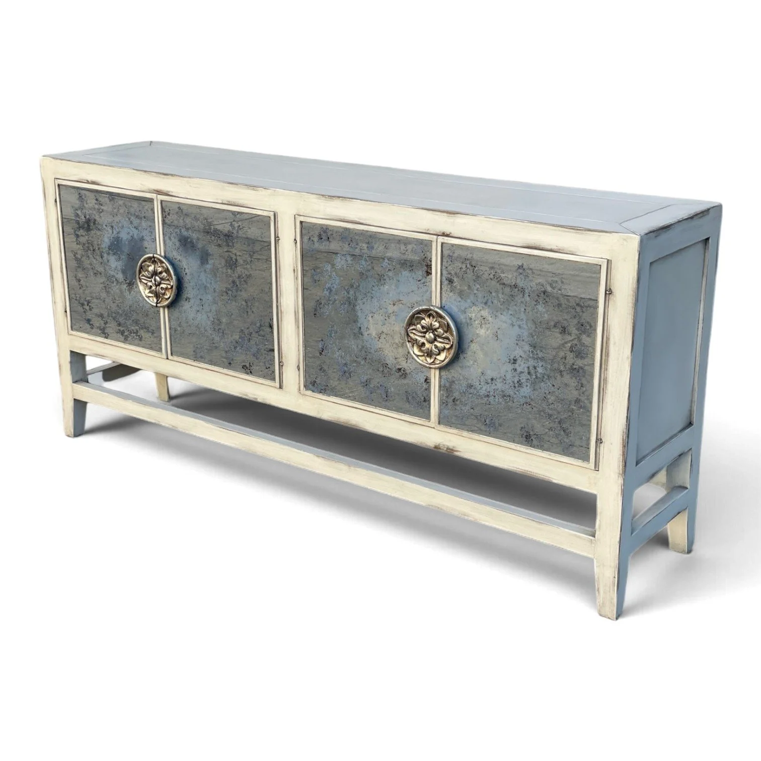Handmade Peruvian Santana Buffet with off-white wood frame and aged glass doors