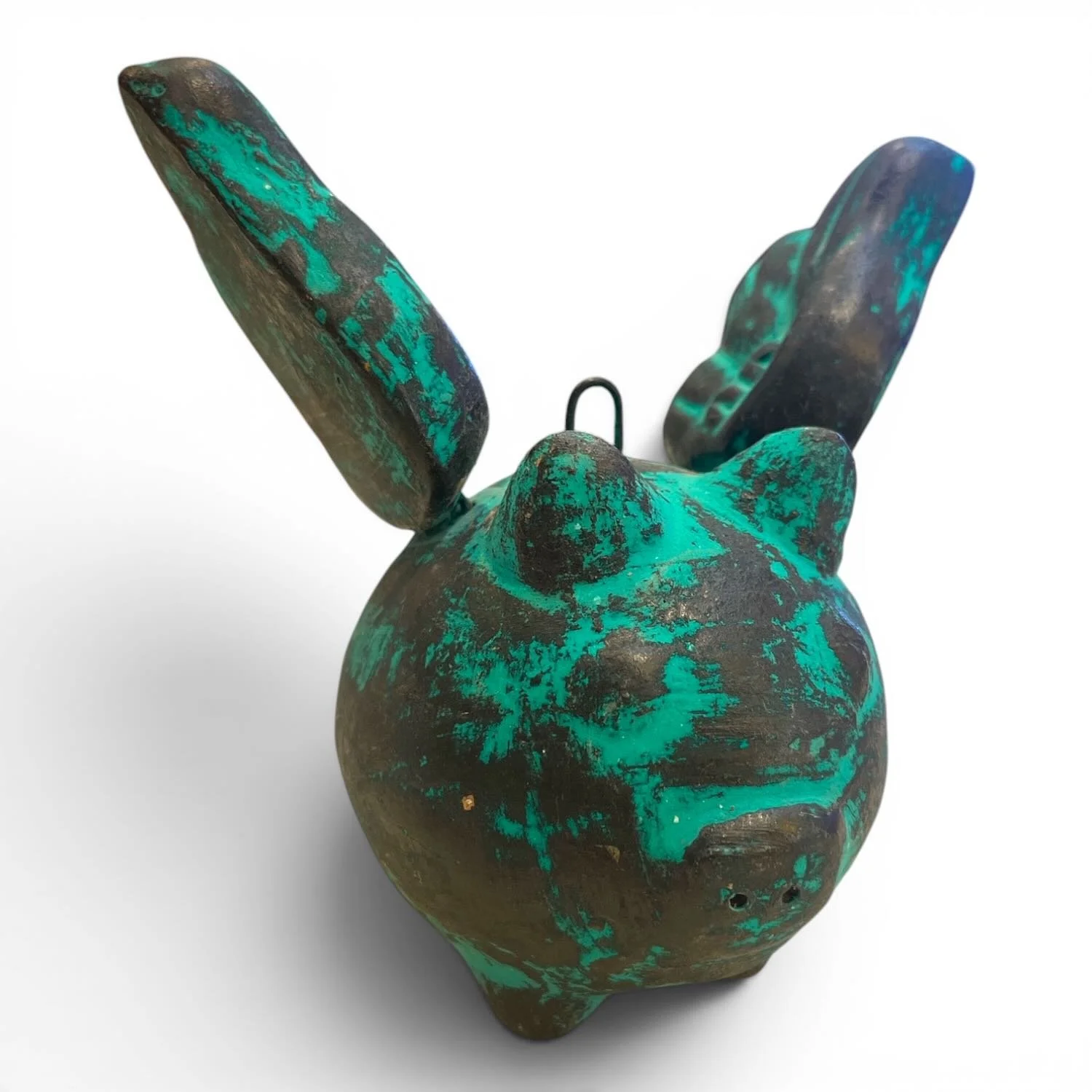 Handmade Cerdo Volador flying pig clay sculpture with hand-painted distressed finish crafted in Mexico.