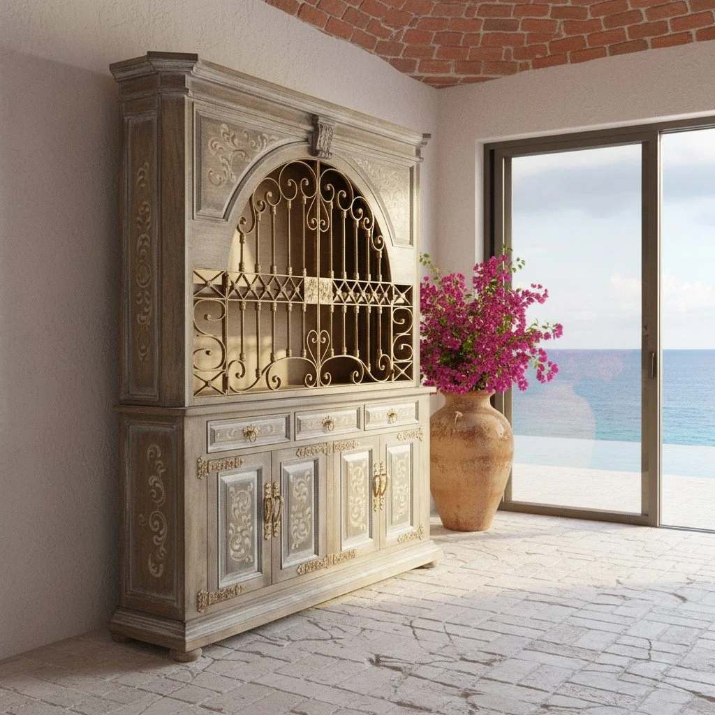 Handmade whitewashed buffet and hutch with wrought iron doors and carved scrollwork
