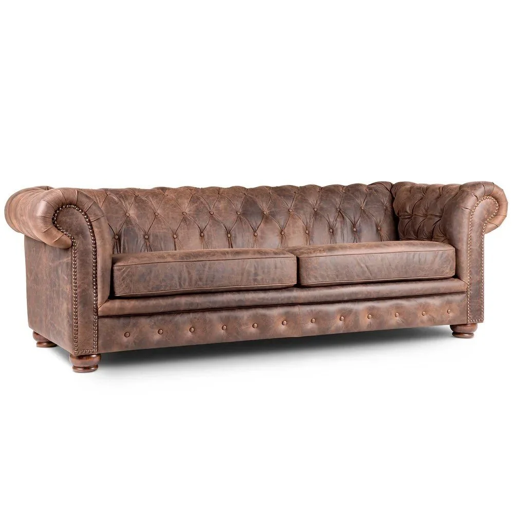 The Big Timber Button Tufted Western Leather Sofa features premium top-grain leather, tufted detailing, nailhead trim, and handcrafted Western elegance for timeless comfort.