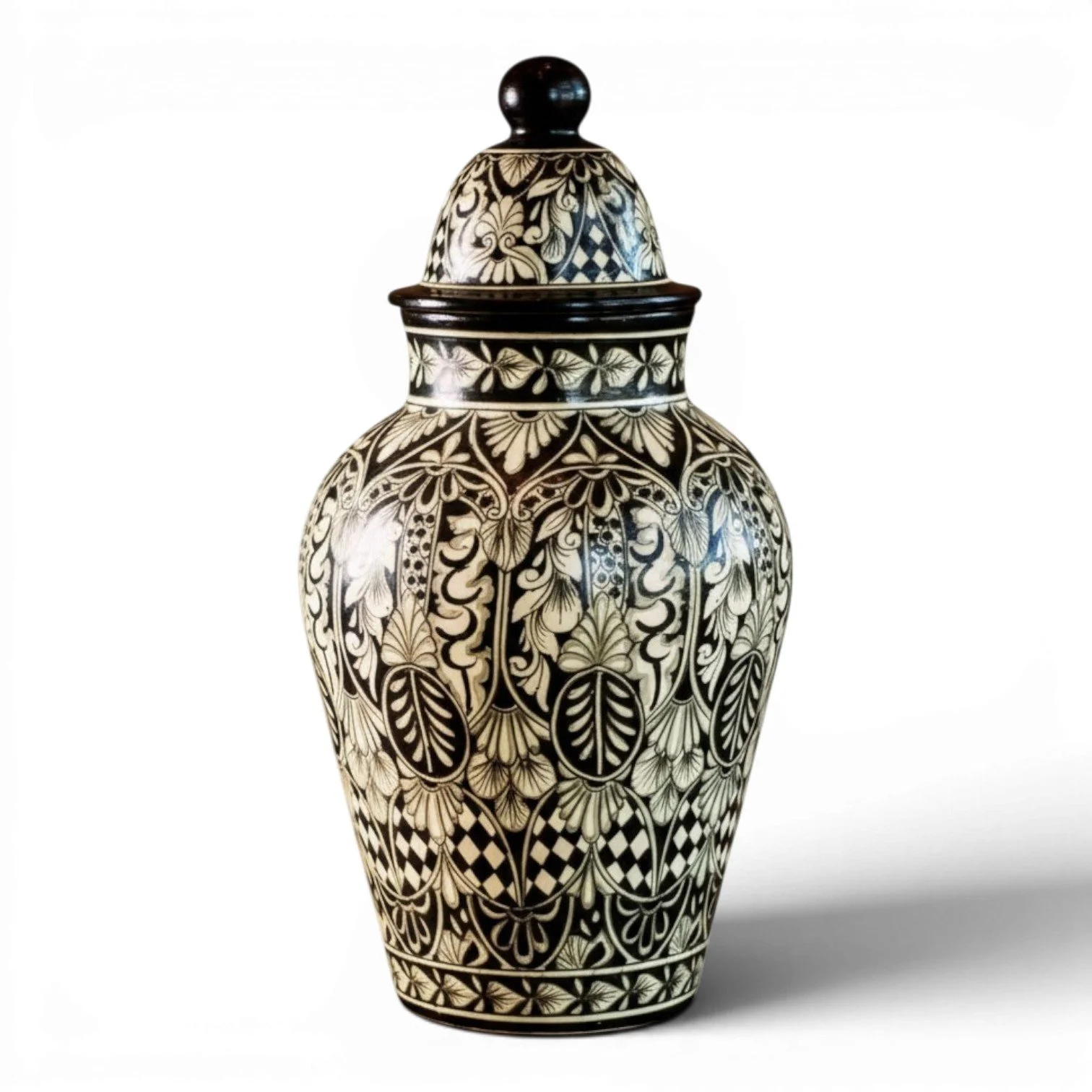 Handmade Mexican black and white ginger jar decorative pottery