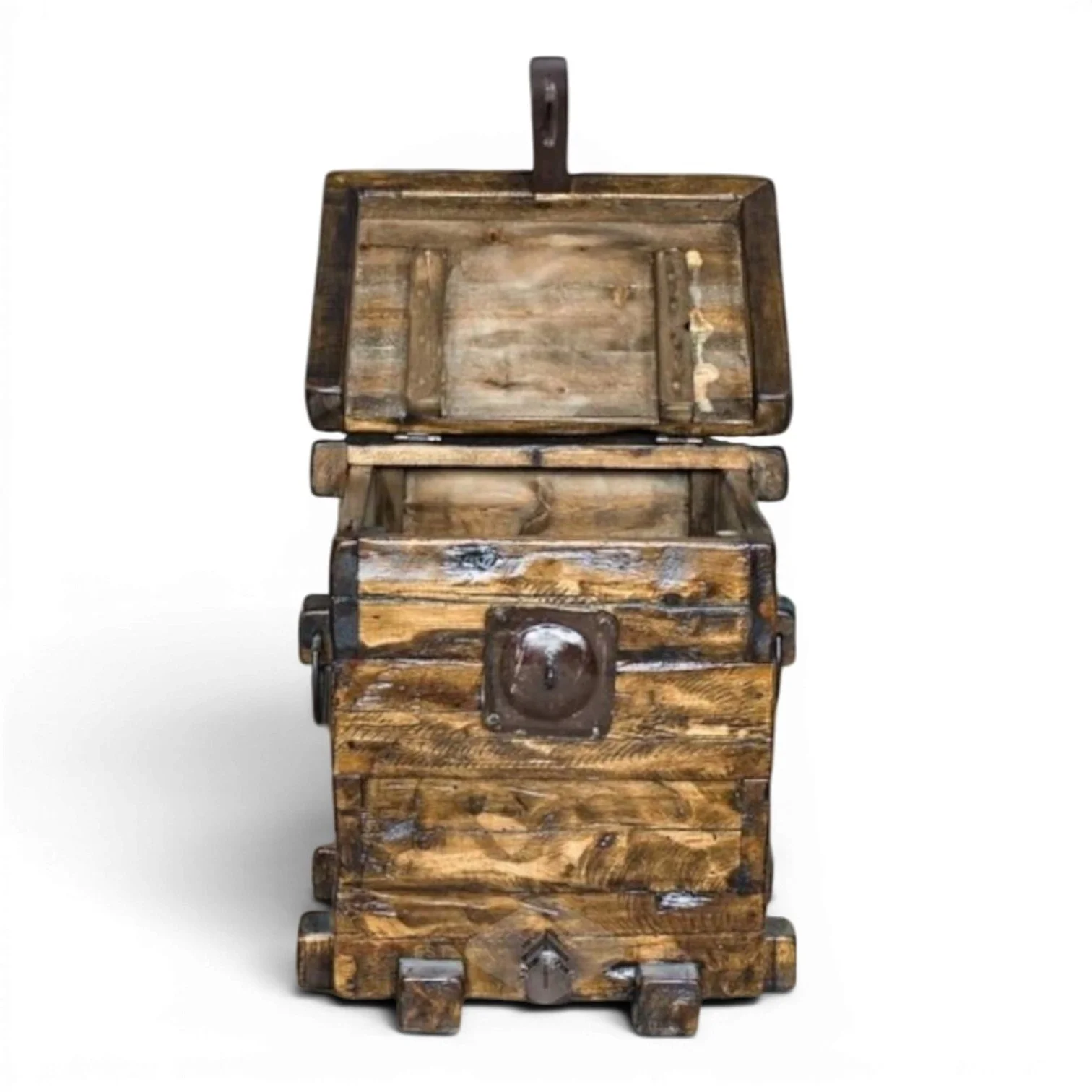 Handmade Mexican reclaimed wood end table trunk with iron clavos and rustic hardware