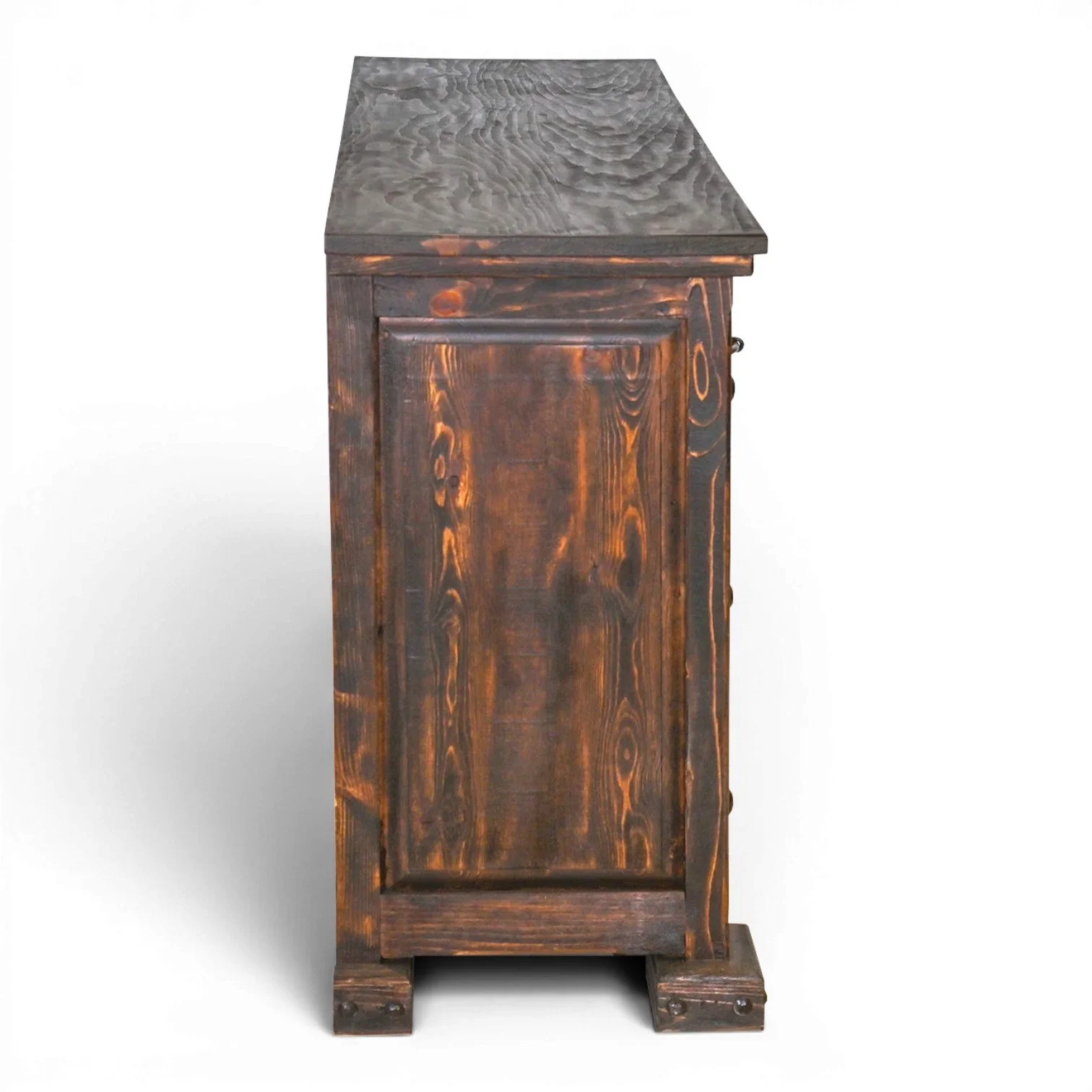 Handmade Tucson tooled leather dresser with solid wood, carved stain finish, iron hardware, and Western clavos accents crafted in Mexico.