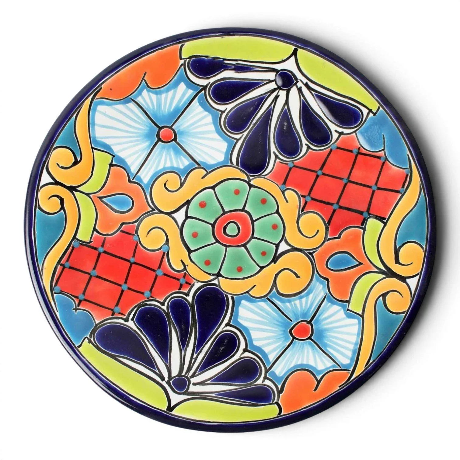 Handmade Mexican Talavera 10-inch dinner plate with colorful hand-painted design and assorted rim colors