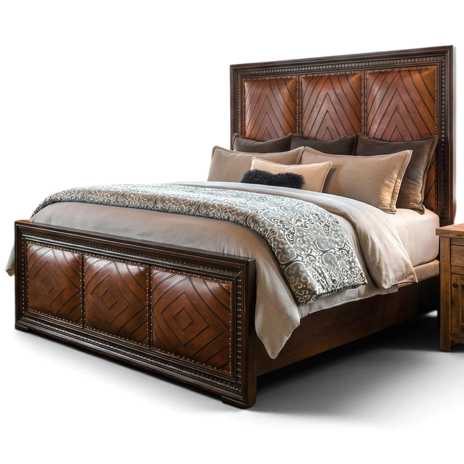 Handmade Western-style bed with diamond-tooled brown leather and dark wood frame