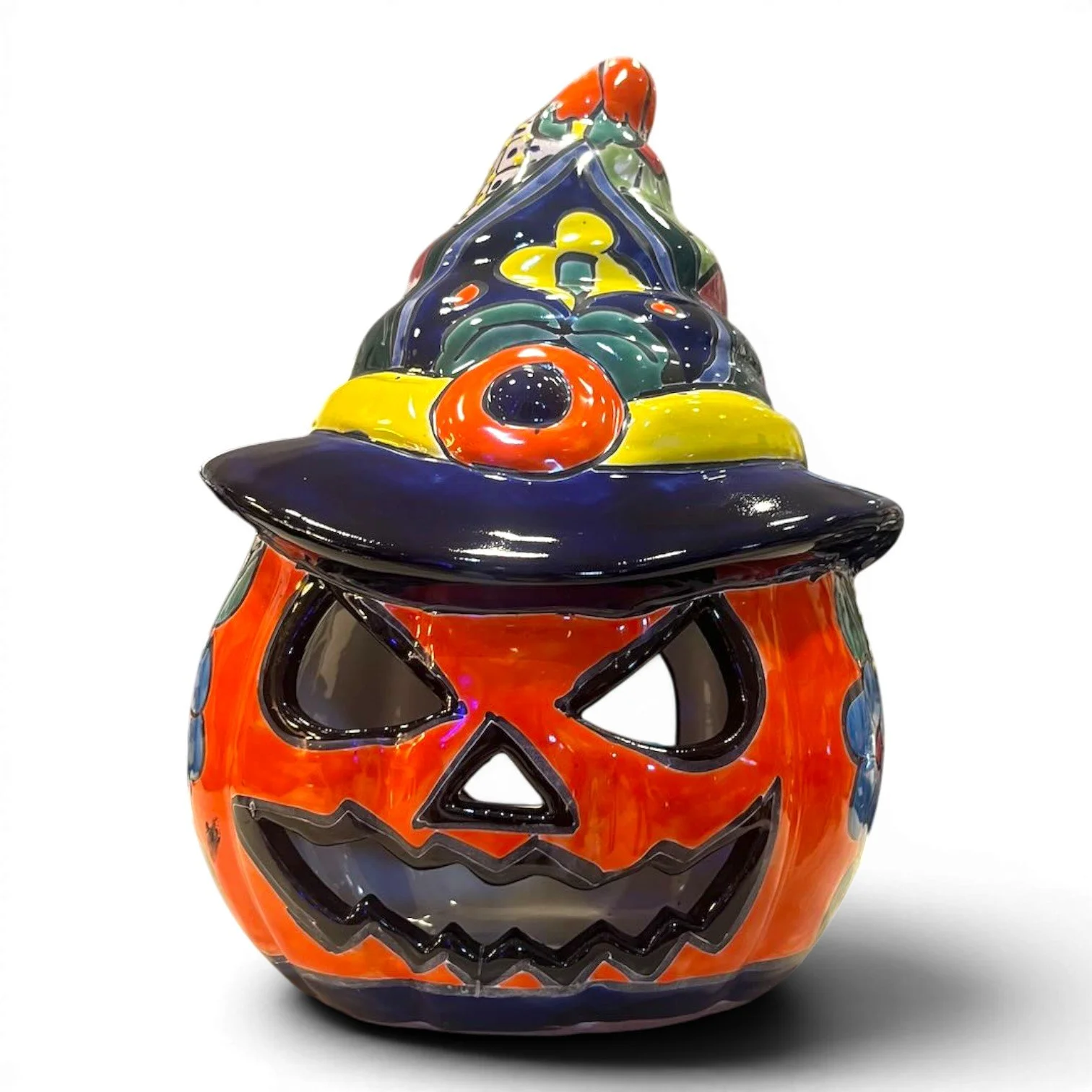 Handmade Mexican Talavera jack-o’-lantern with witch hat and hand-painted Halloween design