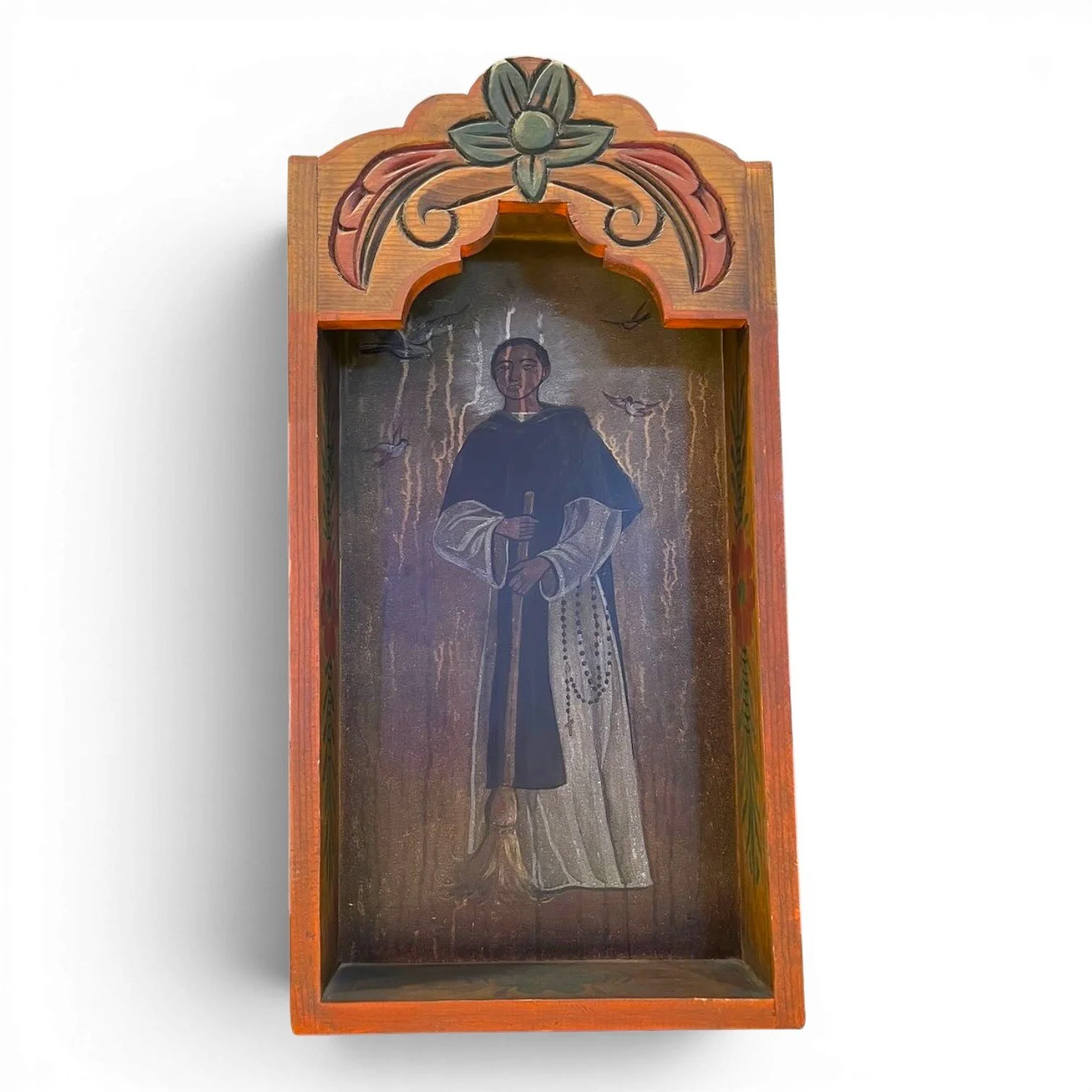 Handmade Mexican Retablo Shadow Box featuring hand-painted religious imagery, hand-carved wood details, and rich dark finish.