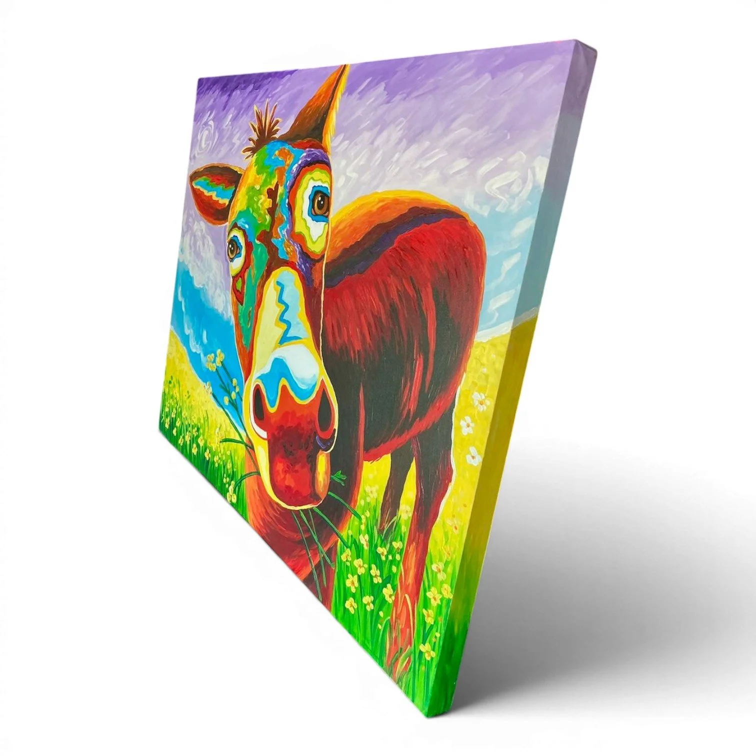 Hand-painted Mexican El Burro Feliz happy donkey canvas artwork featuring a colorful close-up portrait