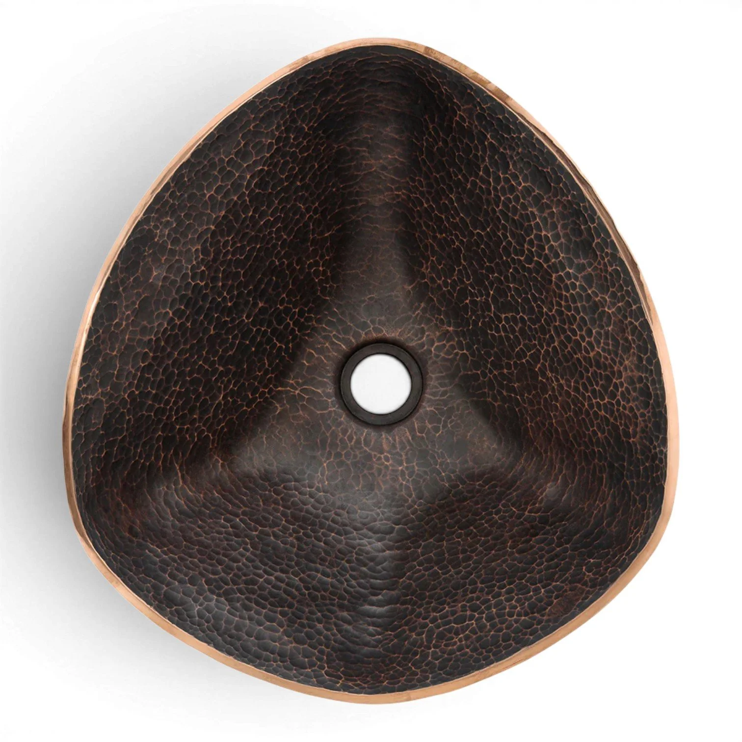 Hacienda Old World 17-inch free form shell hand forged hammered copper vessel sink with oil rubbed bronze patina.