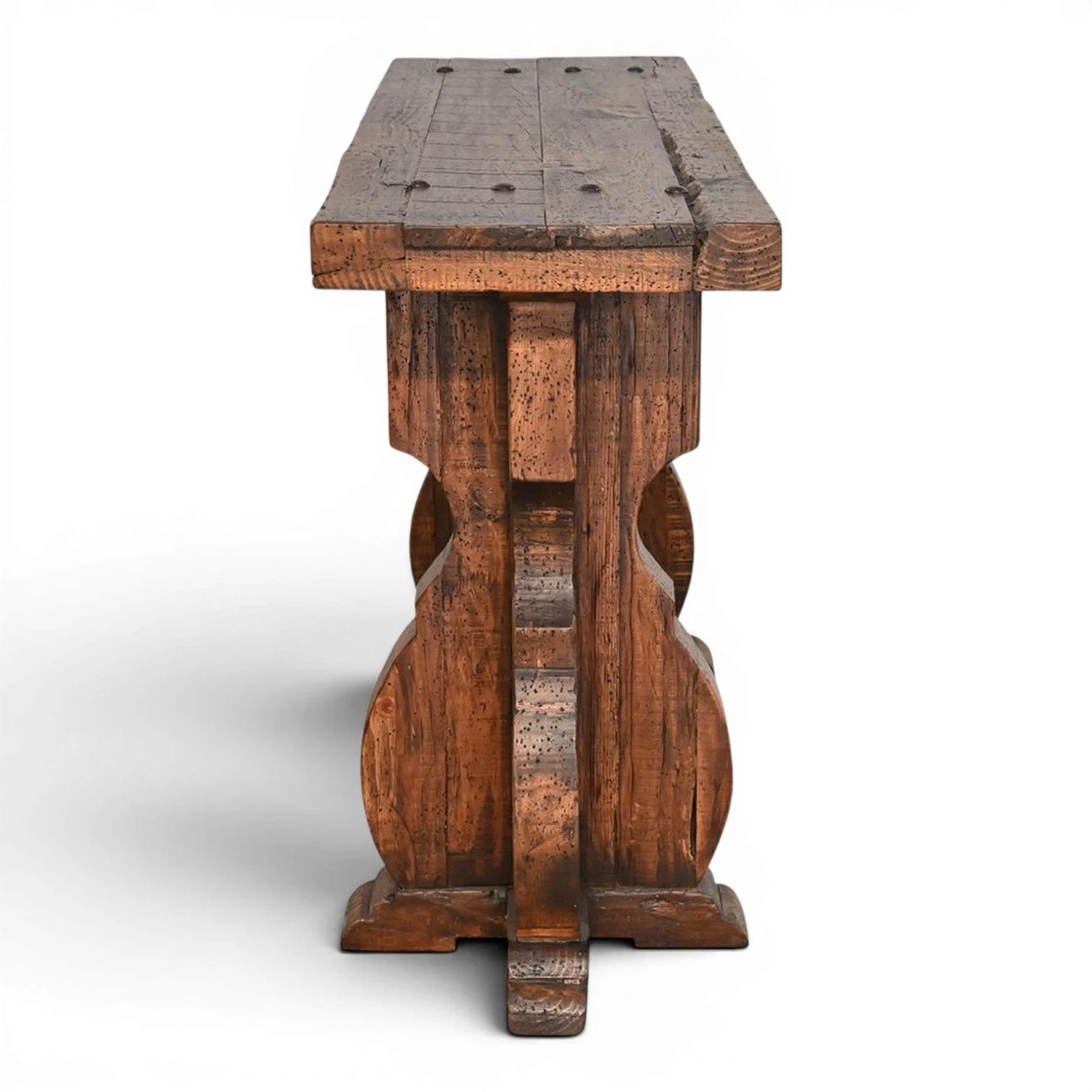 Handmade Cottonwood rustic Western sofa table with hand-carved details, clavos accents, rich dark wood finish, and open shelf.