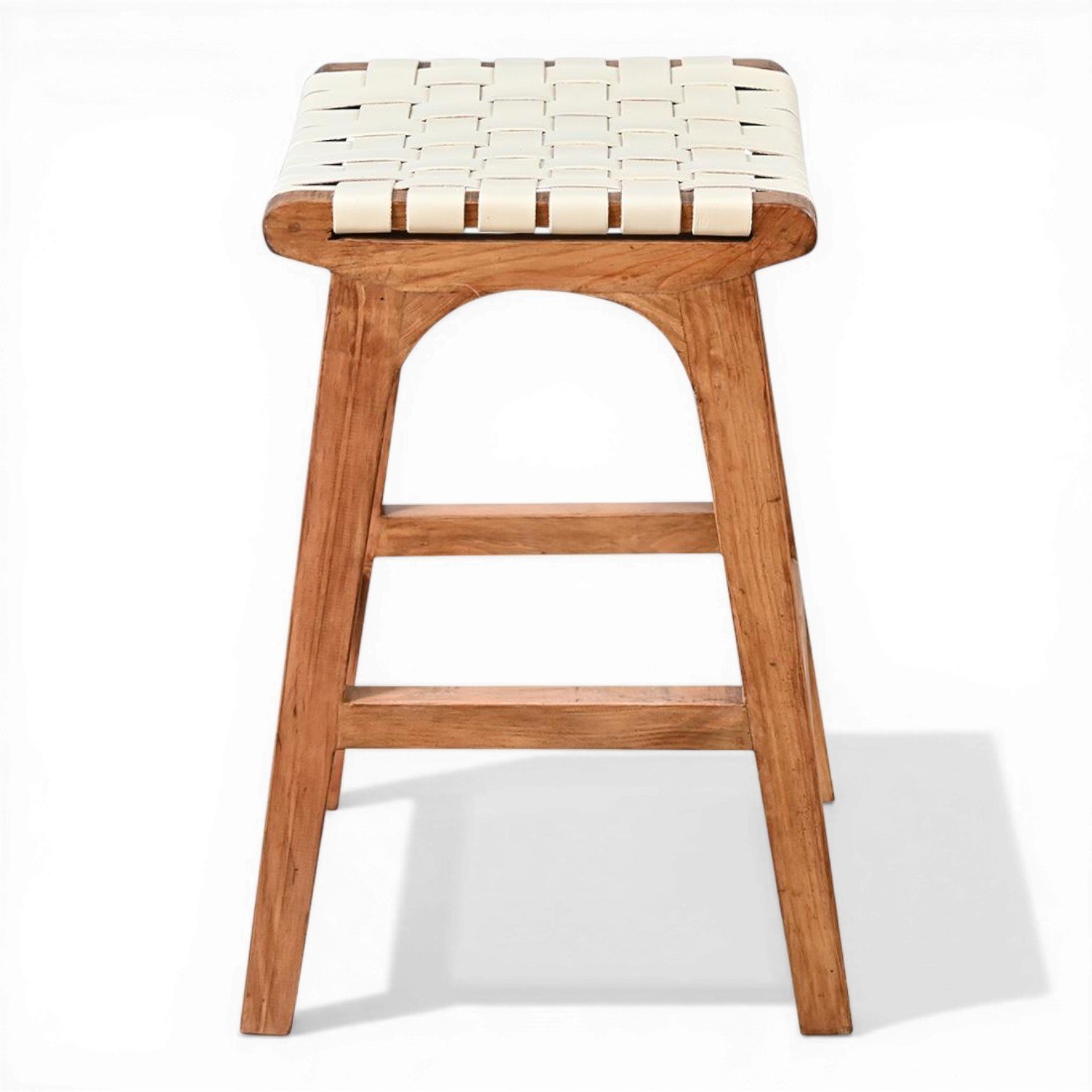 Handmade Cambria white crisscross leather bar stool with natural wood frame crafted in Mexico.