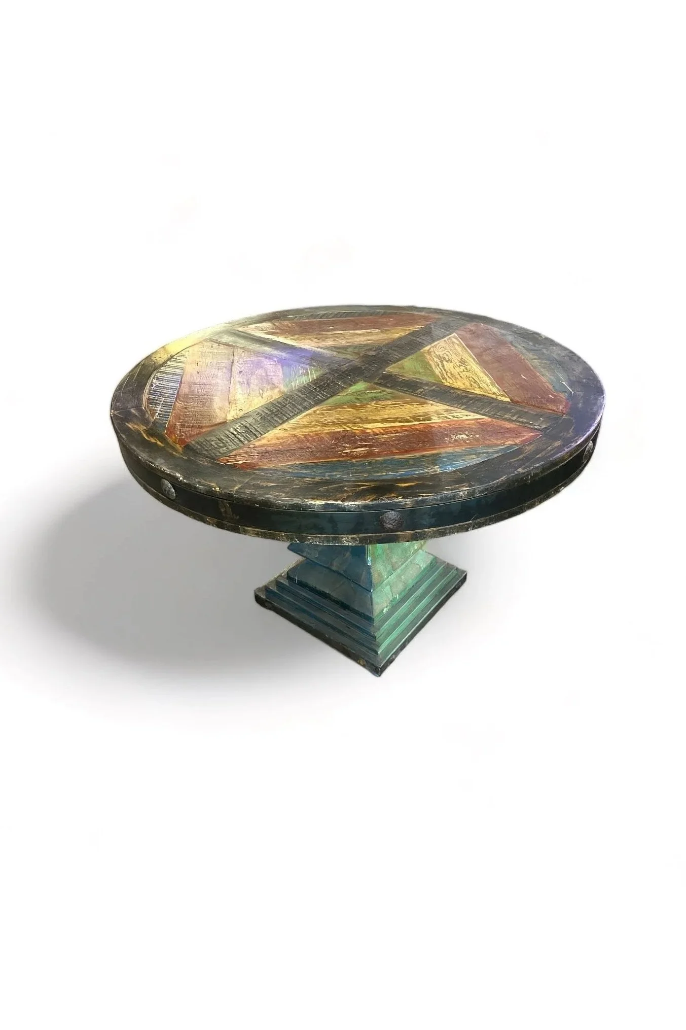 Shop a handmade painted round dining table from Mexico. Reclaimed wood with iron details and rustic hacienda style for unique dining spaces.