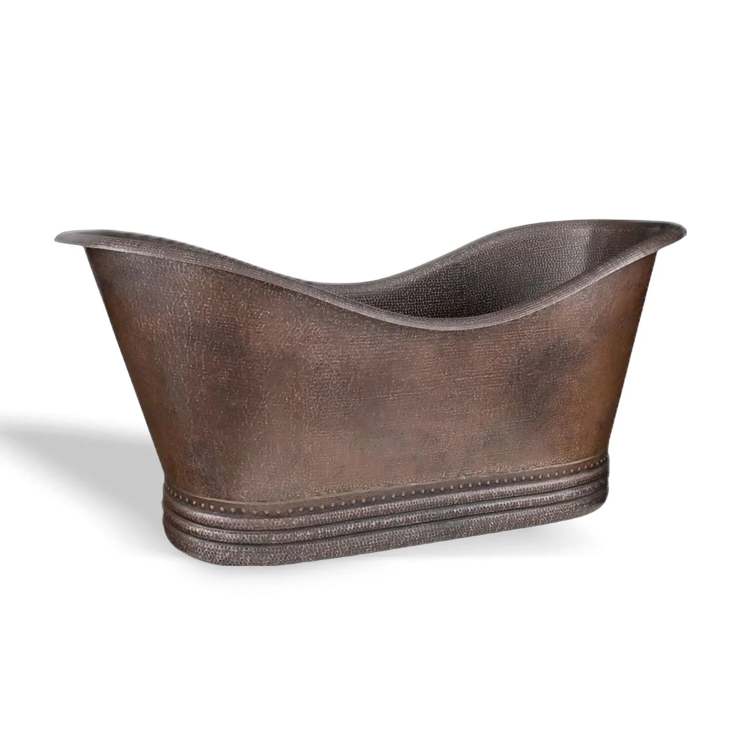 Handmade Hacienda 67-inch hammered copper double slipper bathtub with oil rubbed bronze finish crafted in Mexico.