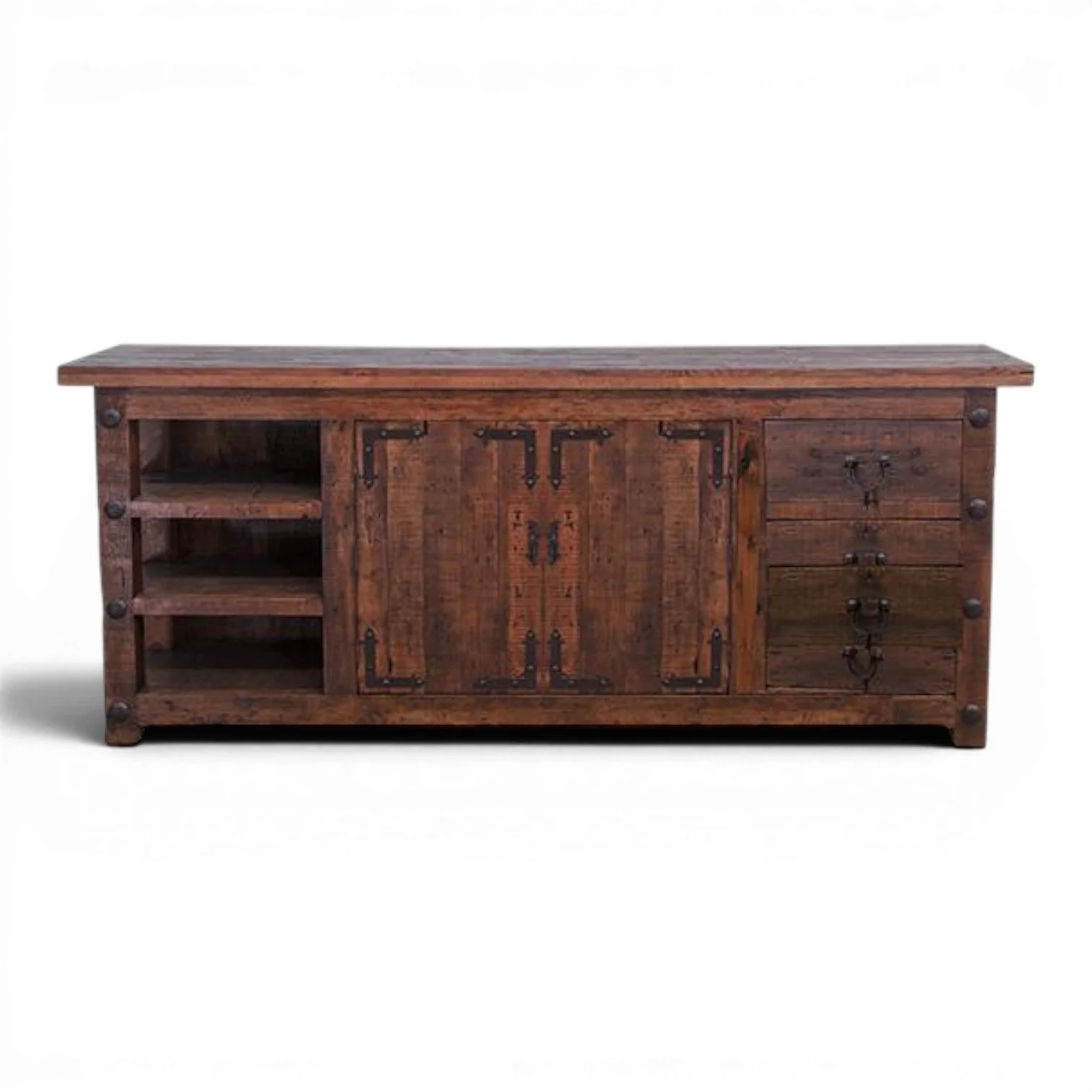 Handmade Mexican Tucson buffet with rich dark stain, iron hardware, decorative clavos, drawers, cabinets, and open shelving