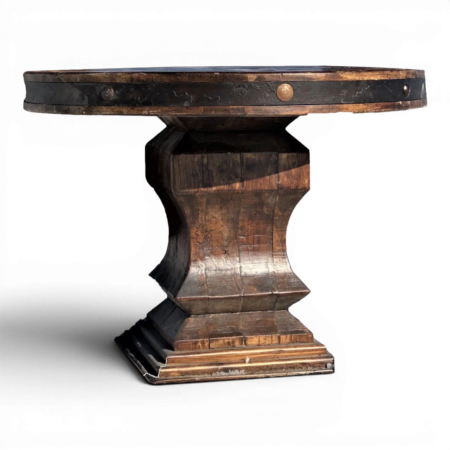 Hacienda Rustica Redonda handmade reclaimed wood dining table from Mexico with iron trim, decorative clavos, pedestal base, and rich dark stained finish.