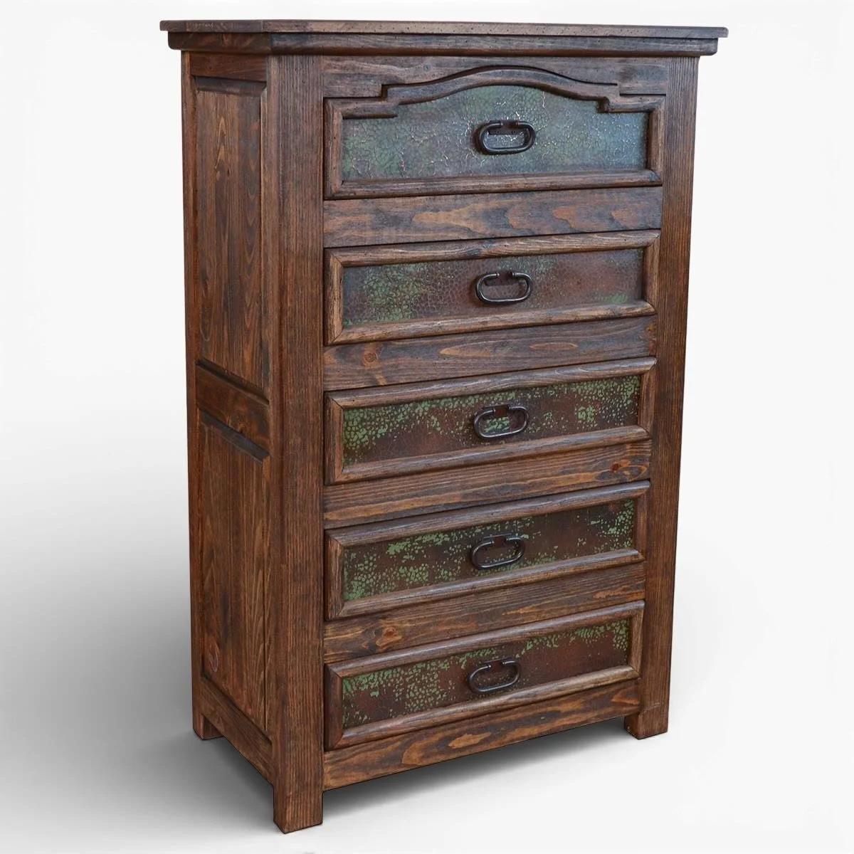 Handmade San Felipe copper chest with verdigris patina drawer panels, solid wood frame, and iron hardware crafted in Mexico.
