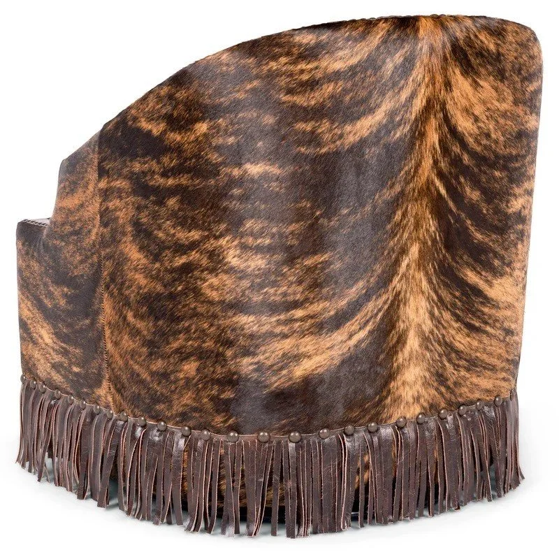 The Santa Fe Western Leather Swivel Chair features New Mexico-inspired design, brindle cowhide back, fringe accents, and smooth swivel functionality for refined Western comfort.