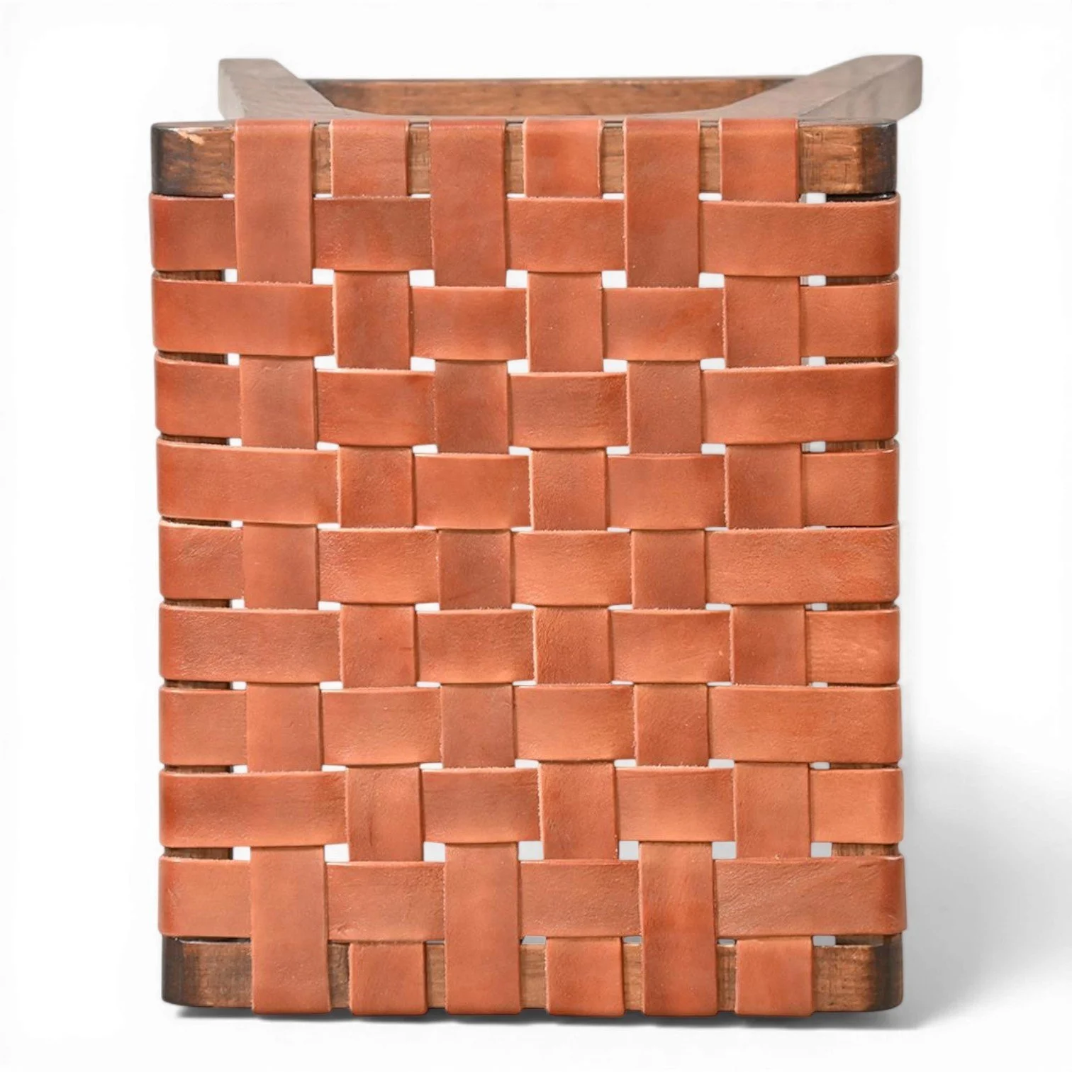 Handmade Cambria crisscross terracotta leather bar stool with dark wood frame crafted in Mexico.