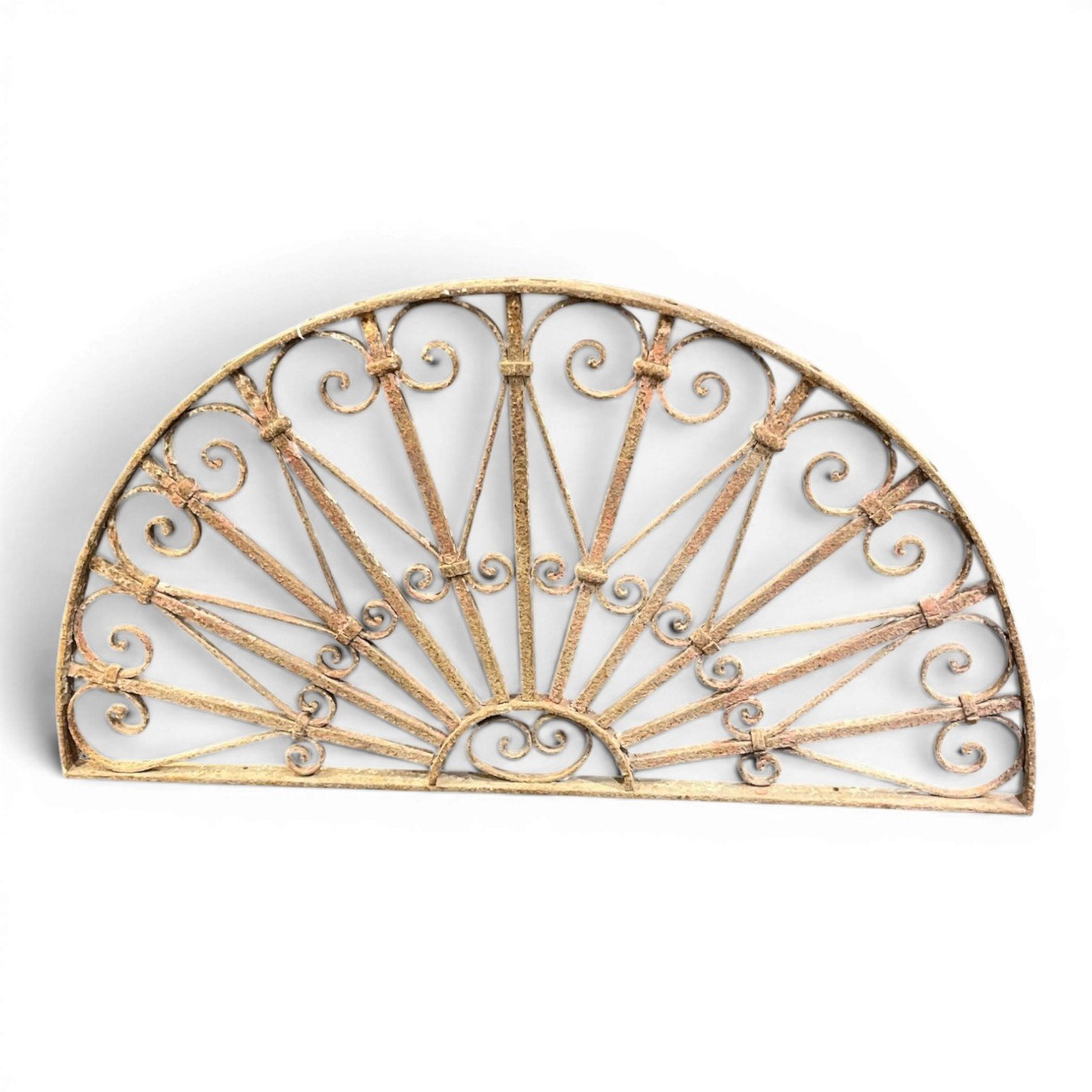 Handcrafted antique iron transom from India featuring intricate architectural ironwork and historic character.