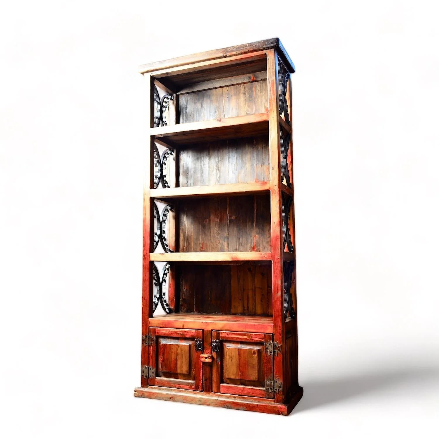 El Rosarito handcrafted Mexican reclaimed wood and wrought iron bookcase with rustic open shelving