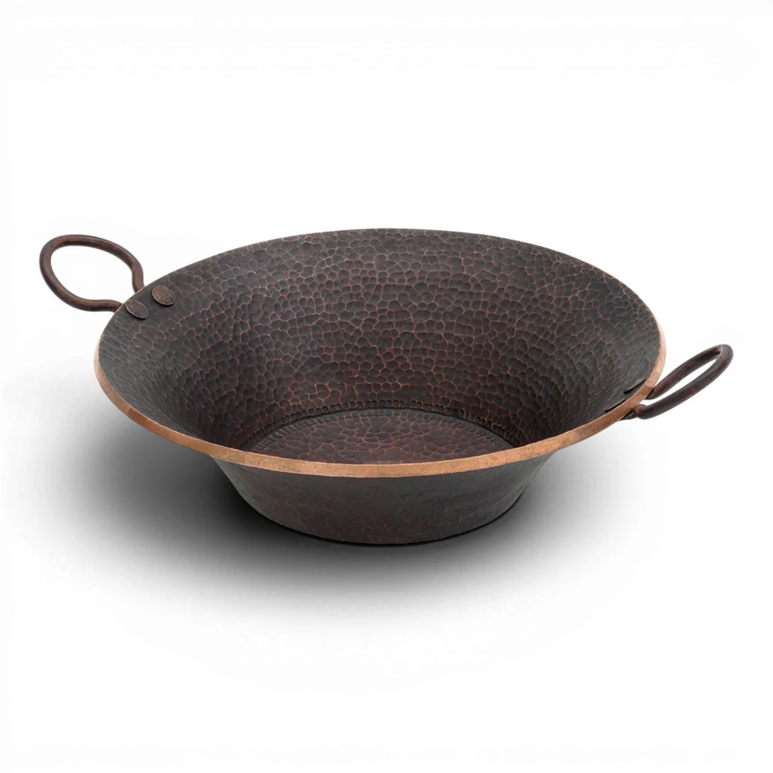 Hacienda Old World hand forged miner's pan hammered copper vessel sink with decorative handles and oil rubbed bronze finish.