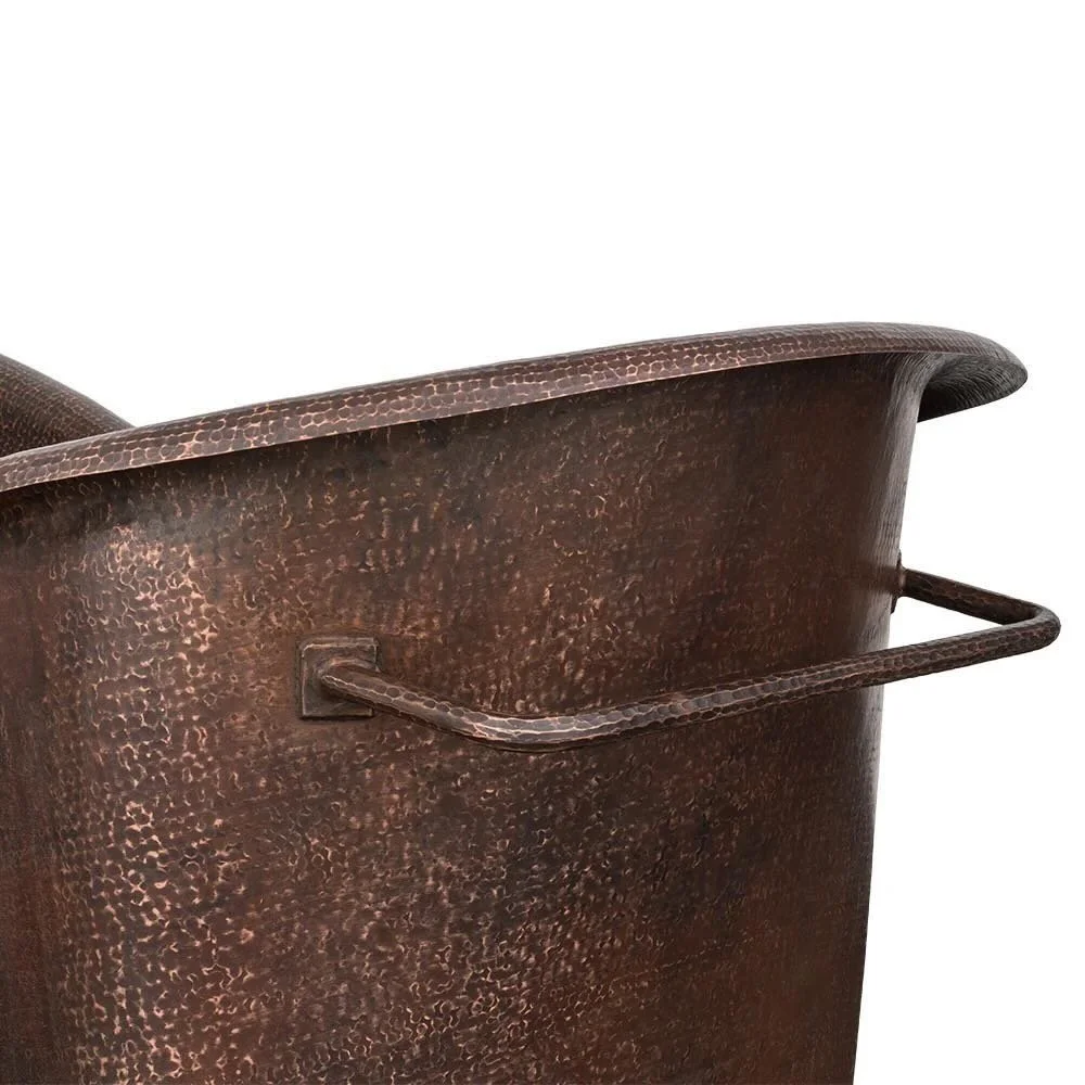 Handmade Hacienda 67-inch hammered copper rectangular bathtub with integrated towel bars and oil rubbed bronze finish.
