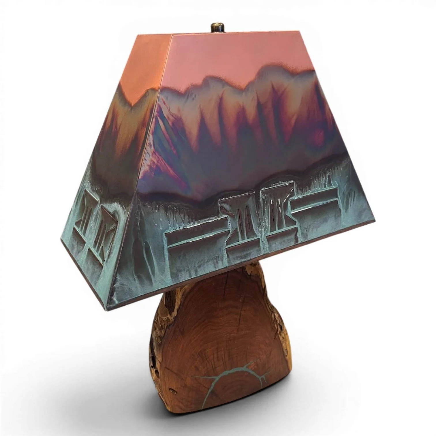 Handmade Mezquite y Cobre table lamp with solid copper shade, mesquite wood base, and turquoise inlay.
