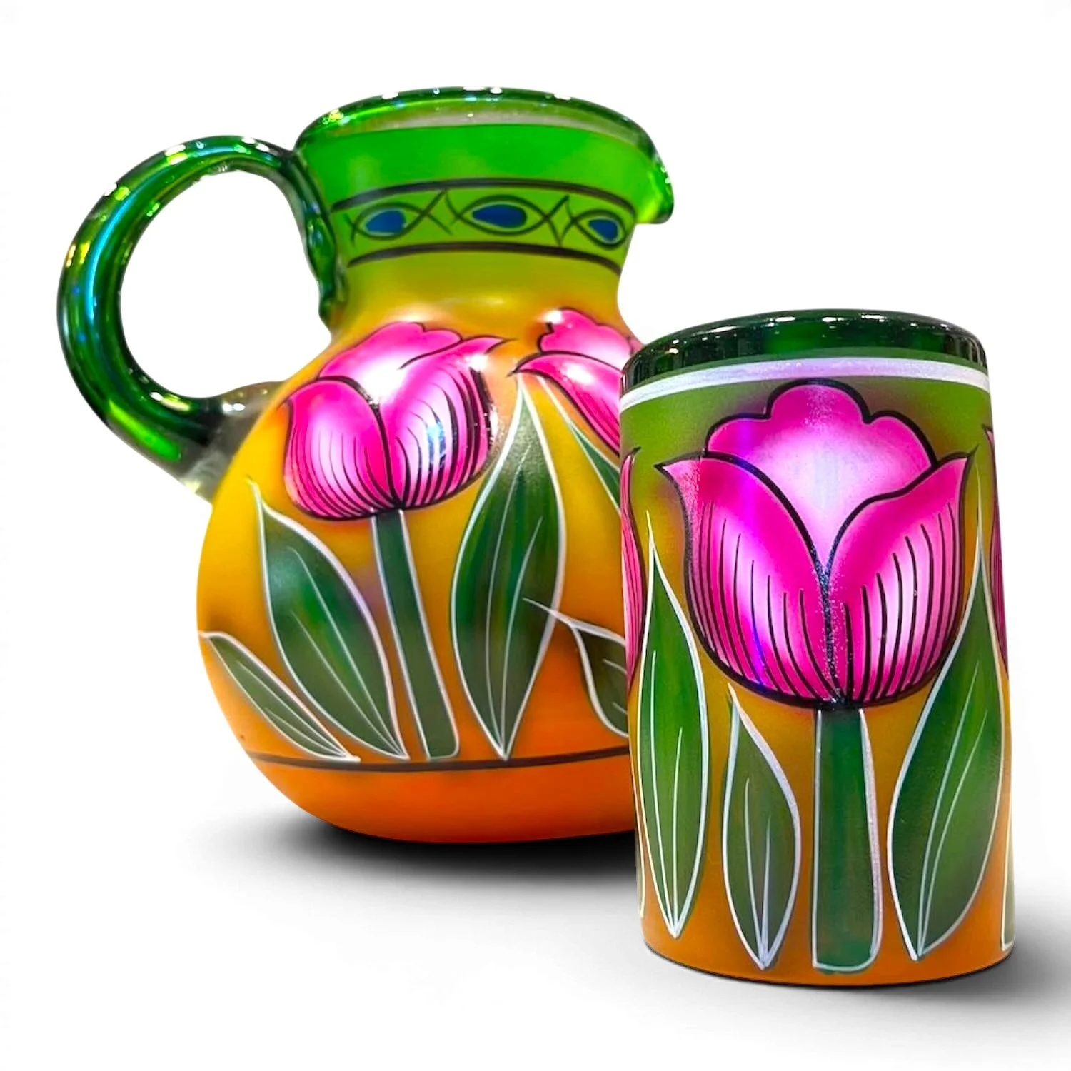 Handblown painted tulips glass pitcher and five matching tumblers handmade in Mexico with vibrant floral design and green accents.