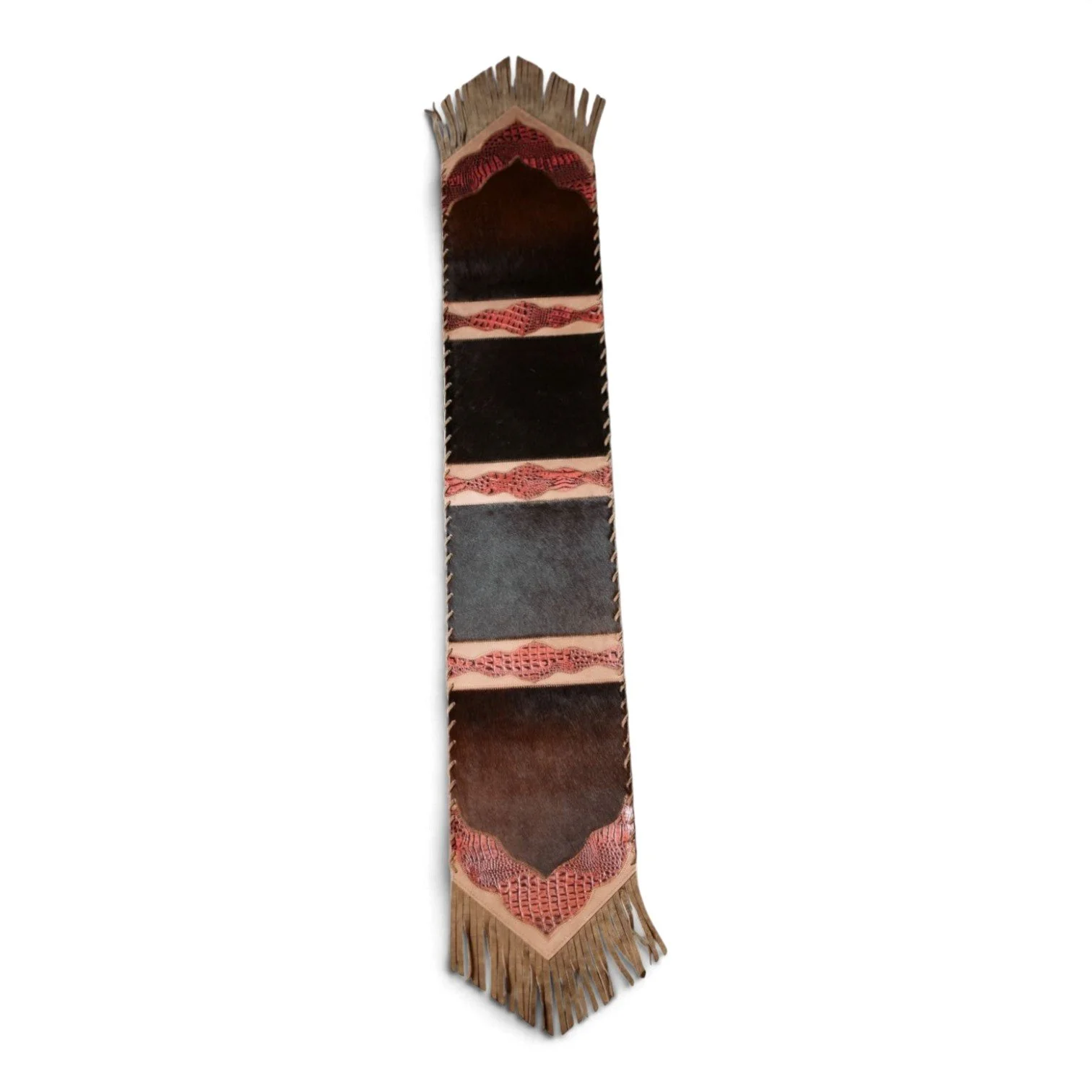 Handmade Brazilian cowhide table runner with tooled leather and fringe - 23
