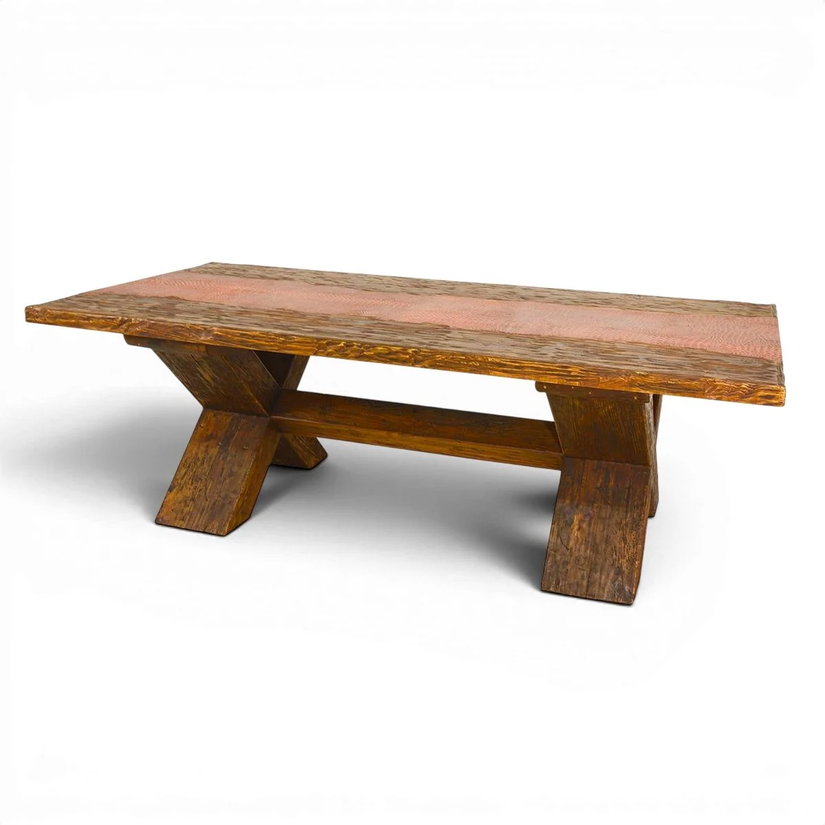 Artesia Leather Dining Table handcrafted in Mexico with reclaimed wood top, crocodile-embossed leather inlay, and X-base design seating up to 10.