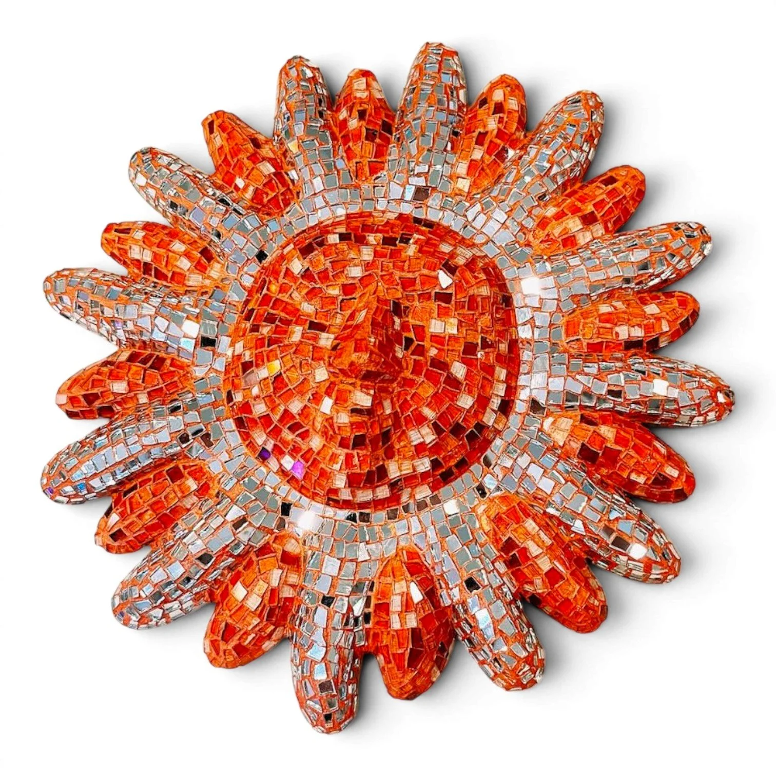 Handmade Mexican mosaic sun wall art with colorful glass, mirror tiles, and decorative clay face