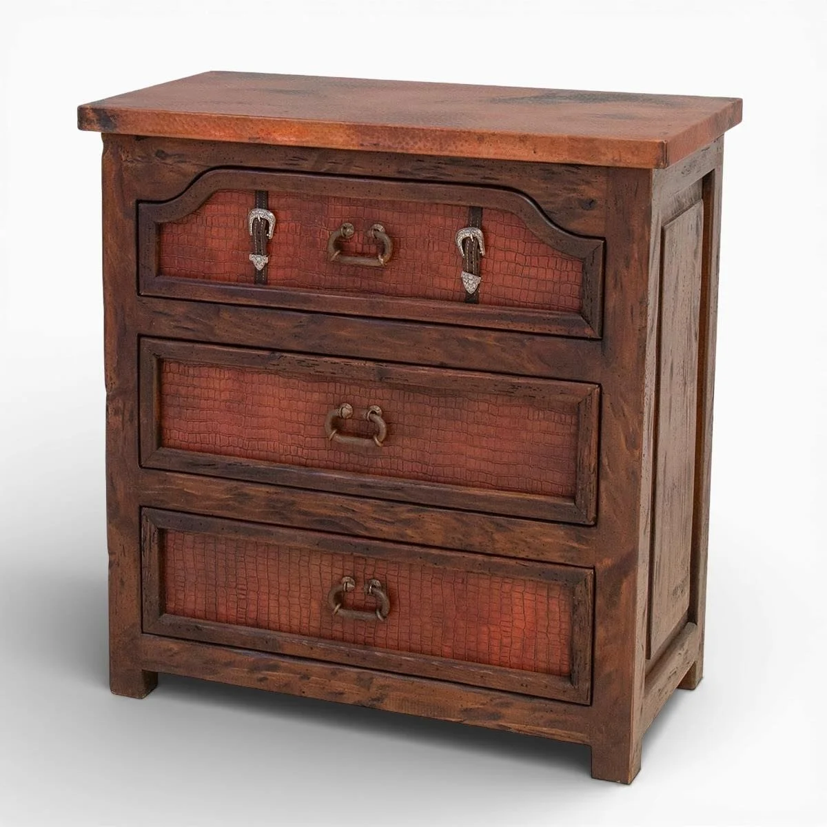Handmade Todos Santos croc print nightstand with natural hammered copper top, reclaimed wood frame, and crocodile-embossed leather drawers crafted in Mexico.