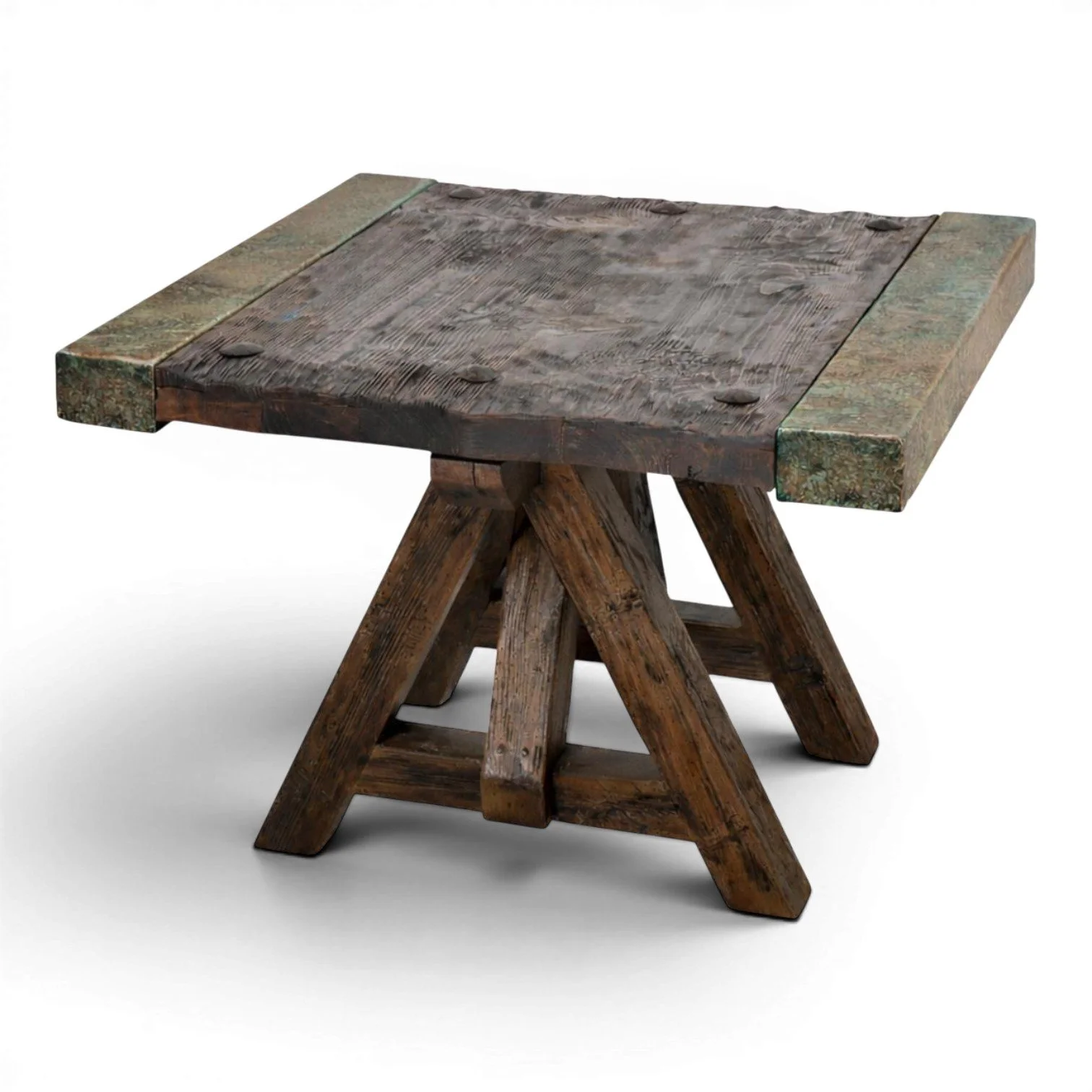 Handmade Floresville turquoise copper edge end table with distressed reclaimed wood and rustic Western style.