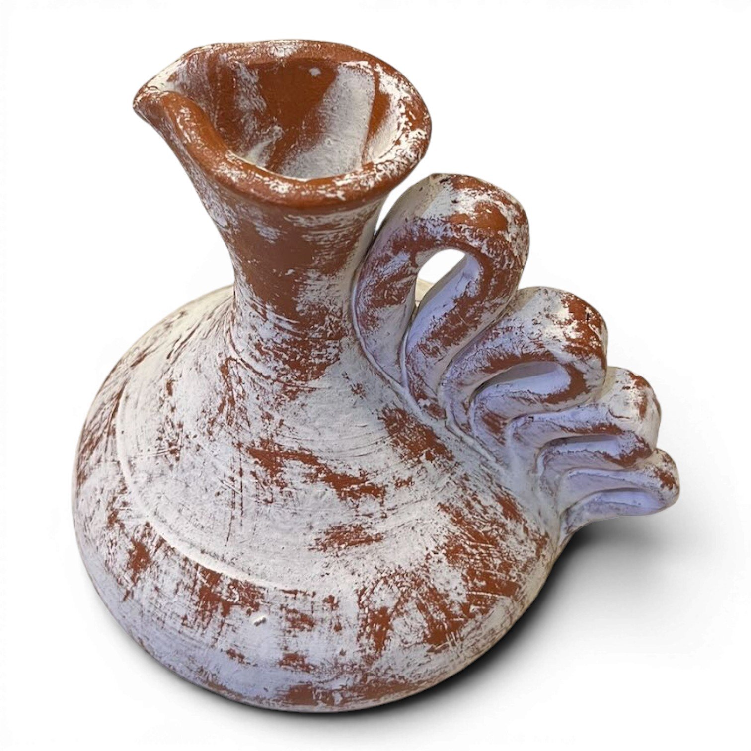 Handmade Mexican Jarra Blanca clay vase with distressed whitewashed finish, ribbon handle, and genie-style design